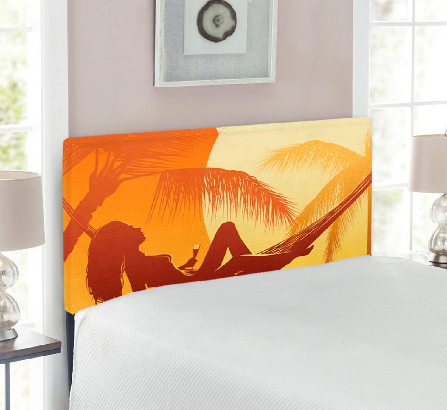 Ambesonne Beach Headboard - Silhouette of a Woman in Hammock at Sunset, Upholstered Metal Bed Frame with Memory Foam, Twin Size, Burnt Orange - Perfect for Coastal Bedroom Decor, Beach House, Vacation Home & Boho Chic Style