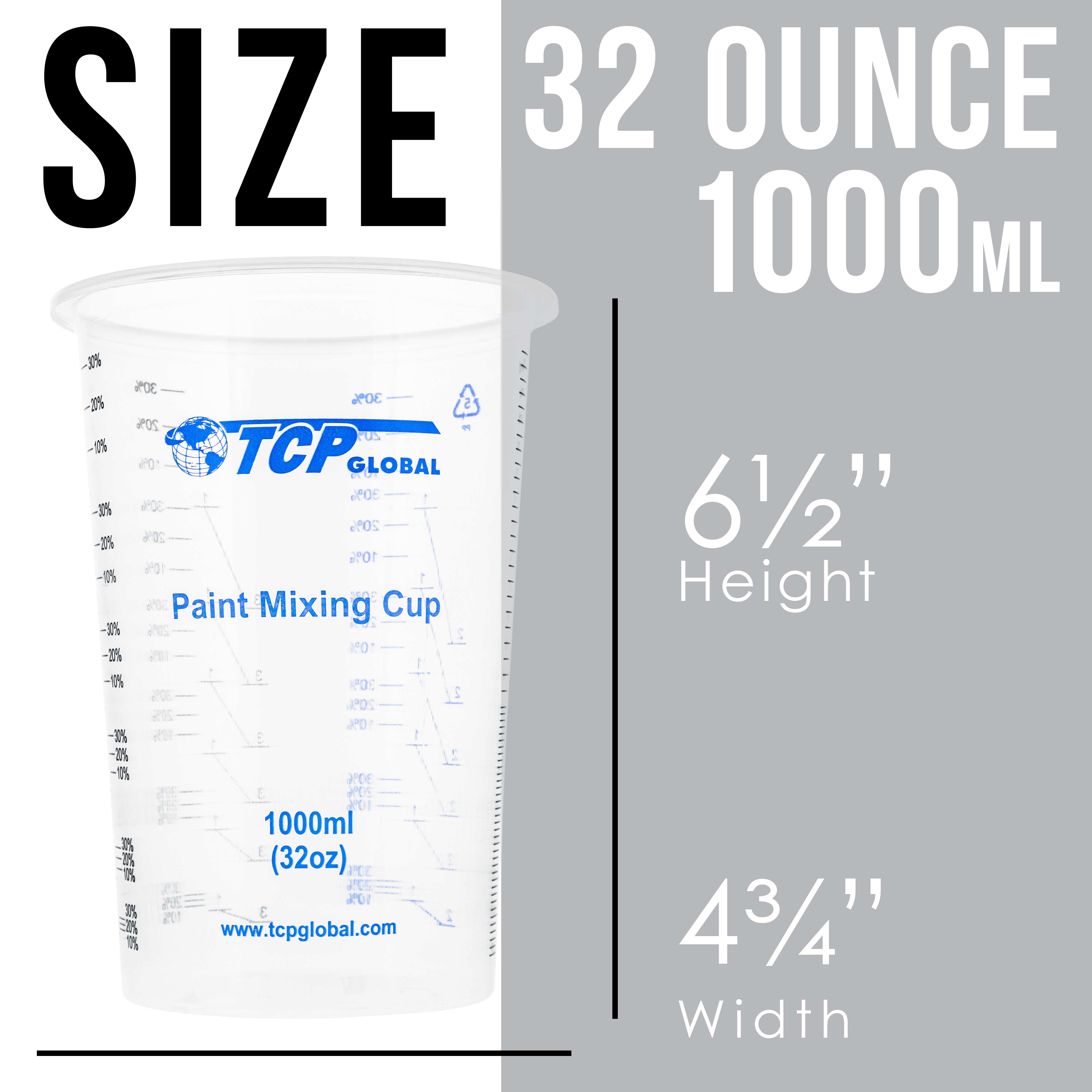 TCP Global 32oz (1000ml) Disposable Plastic Mixing Cups - Clear Graduated Measuring Cups for Paint, Resin, Epoxy, Art & Kitchen Use - Pack of 50 - Perfect for DIY Projects, Baking & Crafting