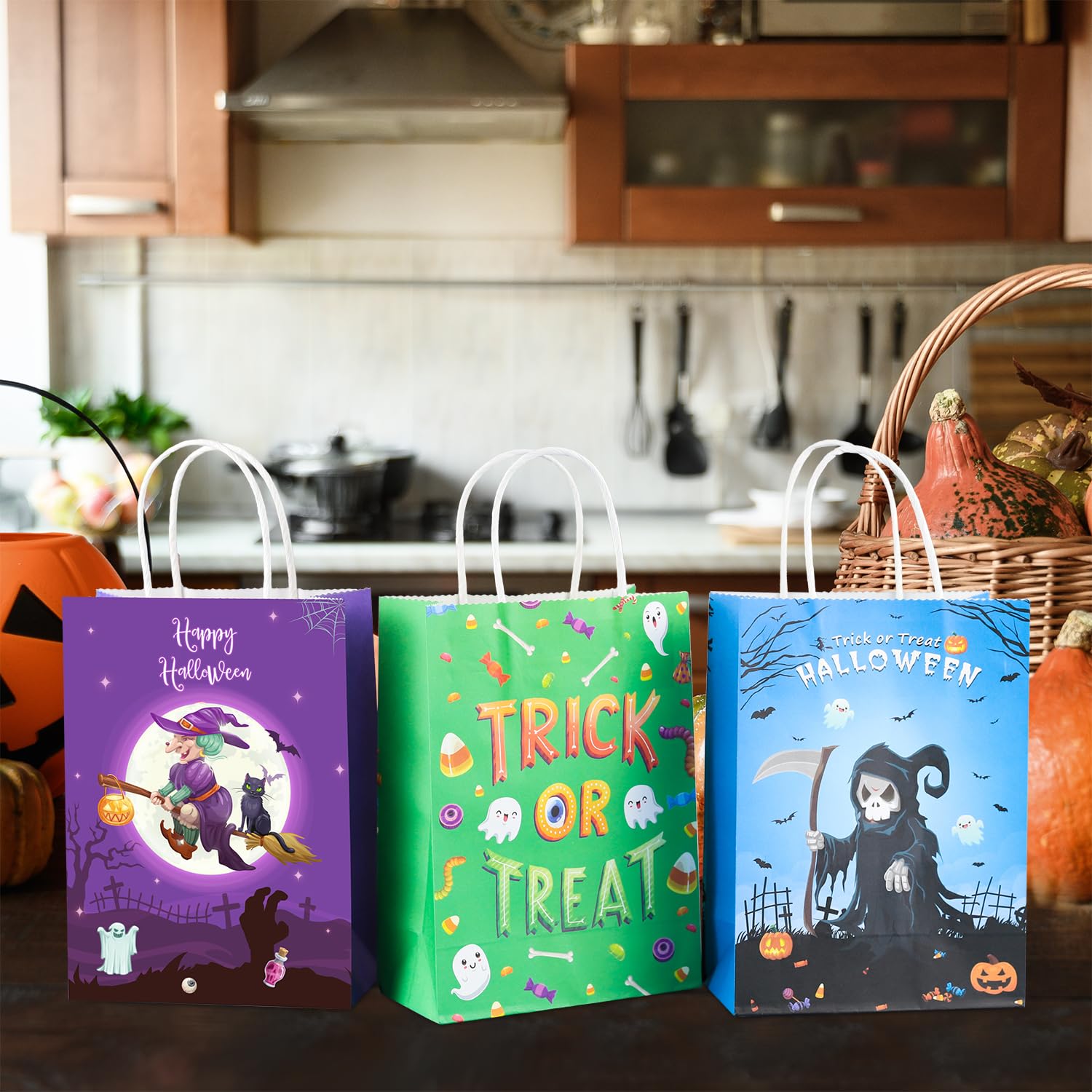 PINWATT 24Pcs Halloween Paper Gift Bags with Tissues - Trick or Treat Candy Bags with Handles for Kids Party Favors | Halloween Party Supplies, Classroom Treats & Candy Exchange