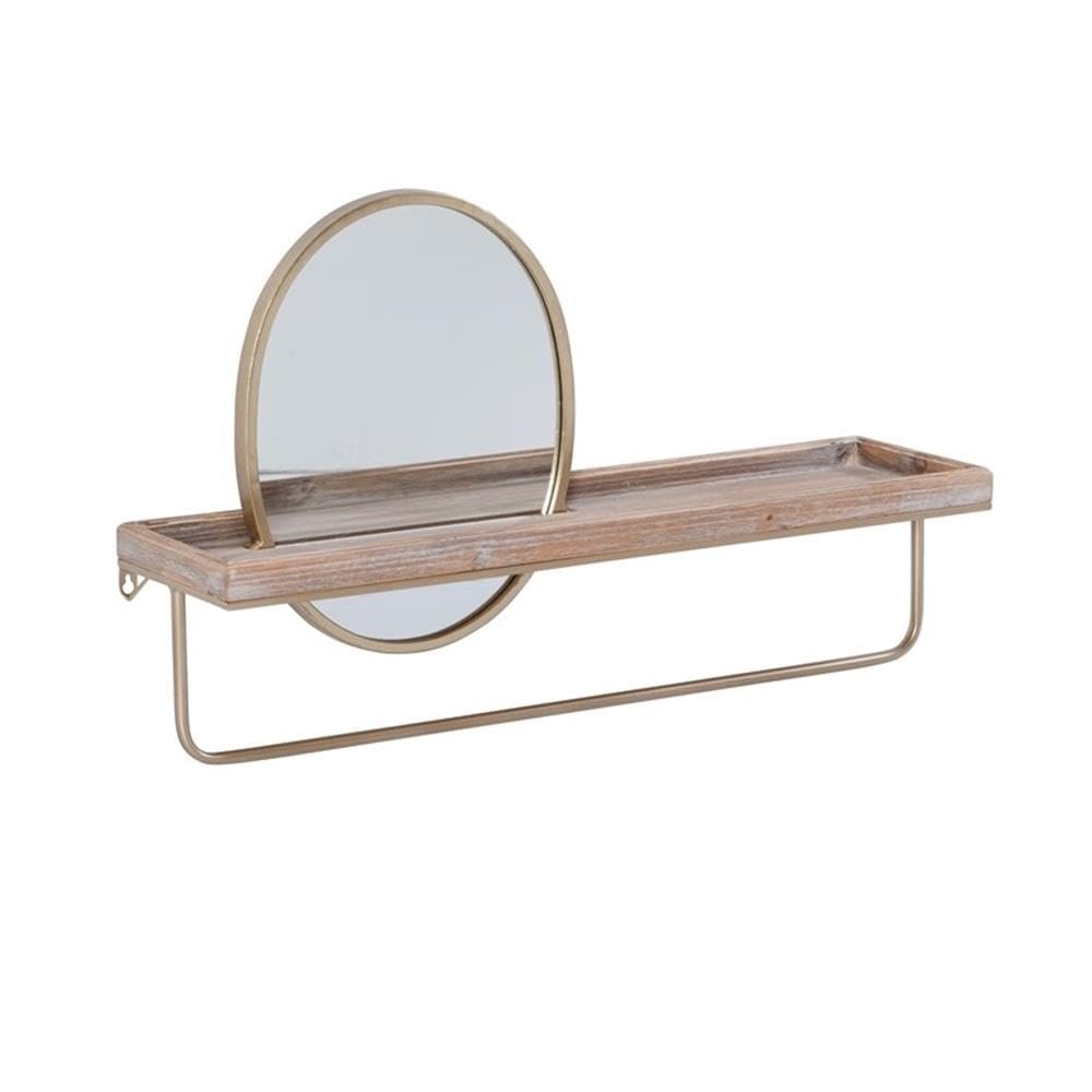 Linon Lila Gold Wall Shelf with Mirror - Wood and Metal Floating Shelf for Bathroom, Bedroom, or Entryway Decor - Stylish Storage Solution for Small Spaces
