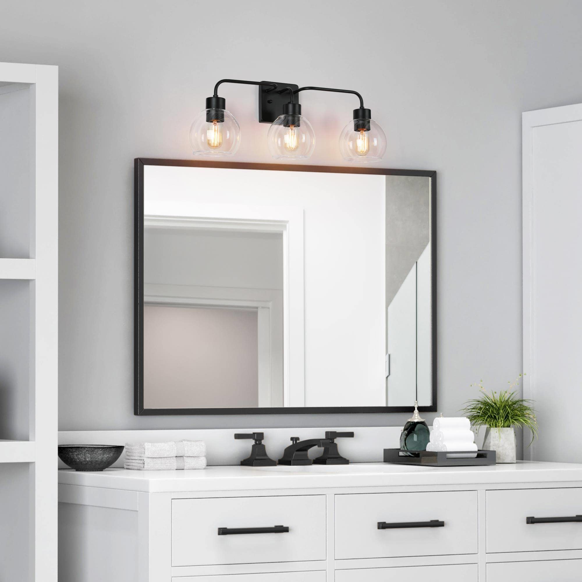 ZEVNI Black Vanity Light - 3-Light Mid Century Modern Bathroom Fixture with Clear Globe Glass Shade (24.5