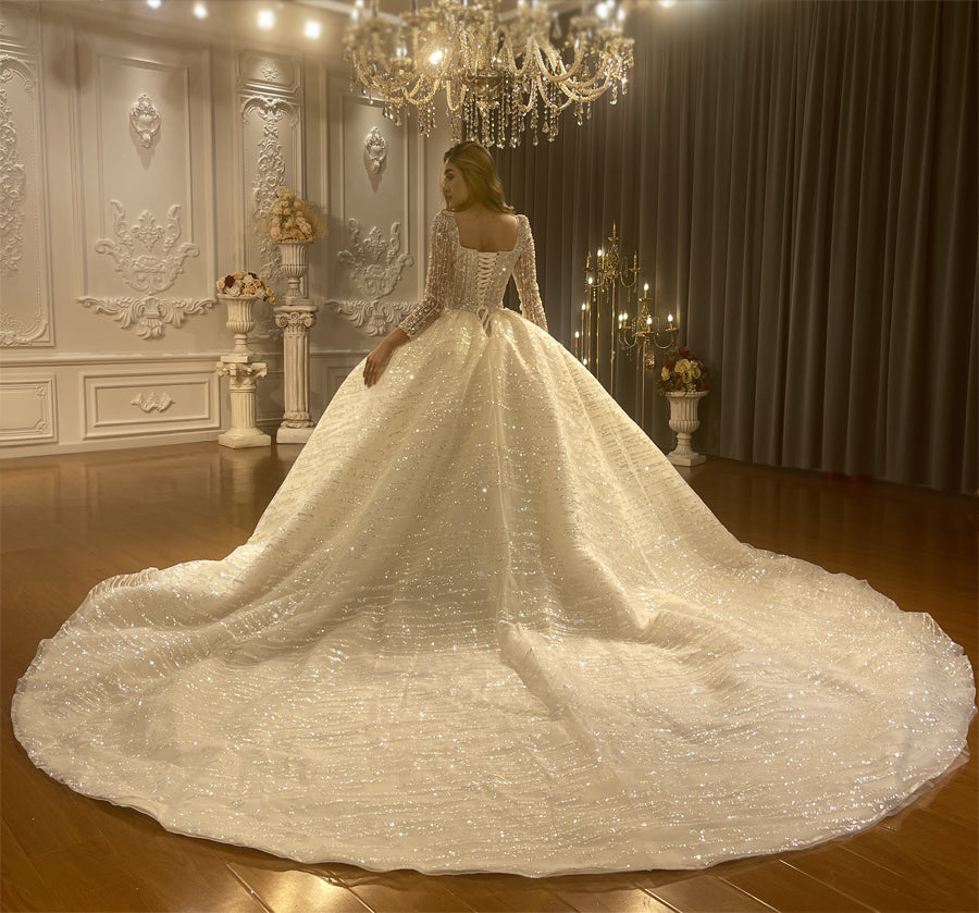 Elegant Square Neck Long Sleeve Fluffy Wedding Dress for Bride - Perfect for Church Ceremony, Beach Wedding & Romantic Photoshoot