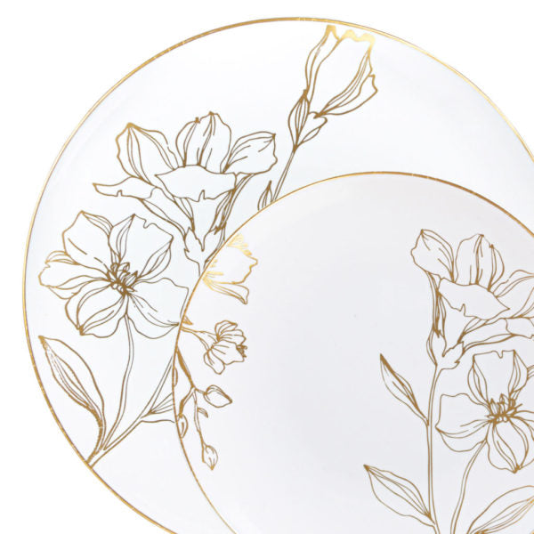 32-Piece White and Gold Round Plastic Dinnerware Set for 16 Guests - Elegant Antique Floral Design - Perfect for Weddings, Parties, and Outdoor Dining
