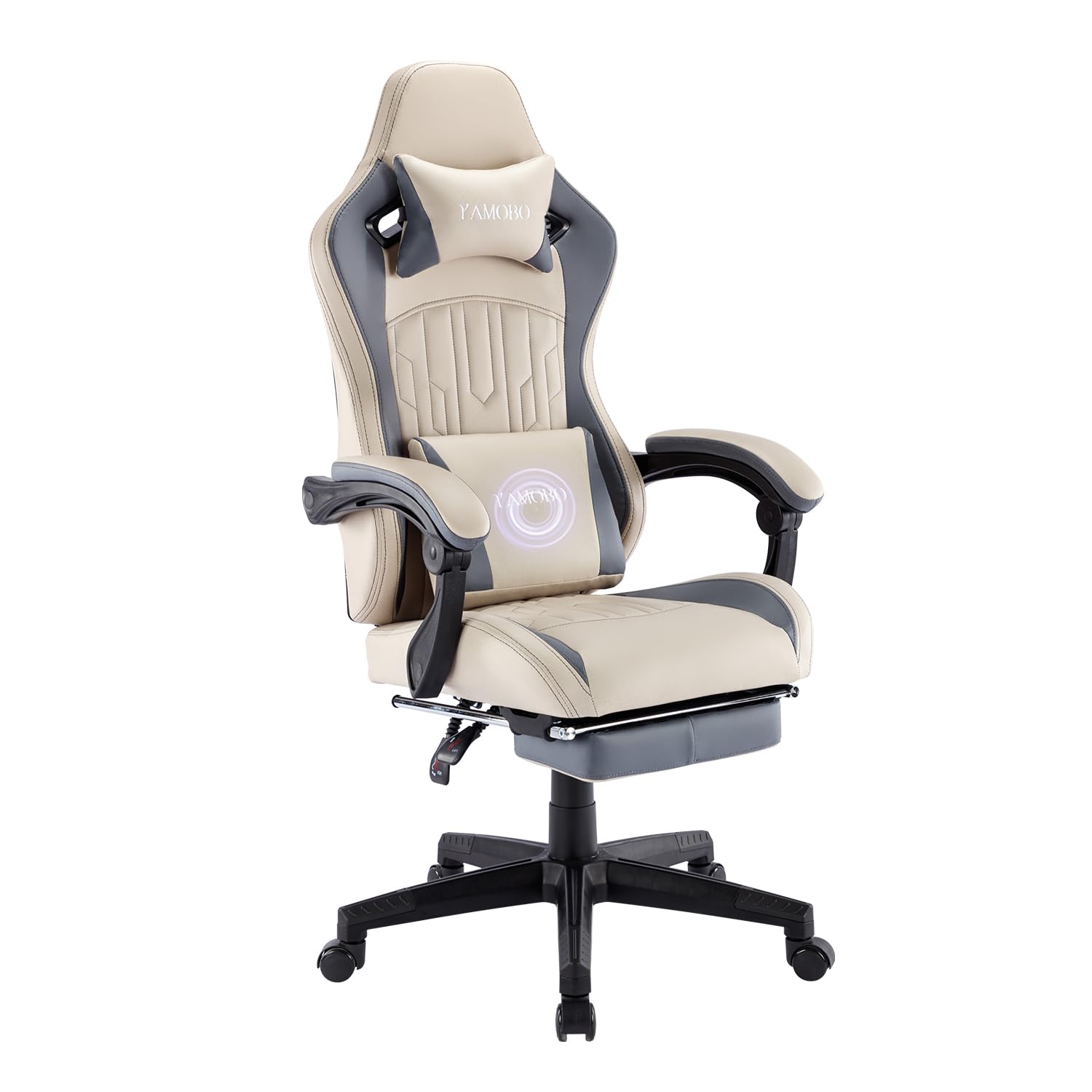 Premium Ergonomic Gaming Chair with Adjustable Footrest & Massage Lumbar Support - High Back PC Gamer Chair for Adults with Reclining Function & Linkage Armrests - Big and Tall Comfort for Long Gaming Sessions, Office Work & Home Entertainment - Beige