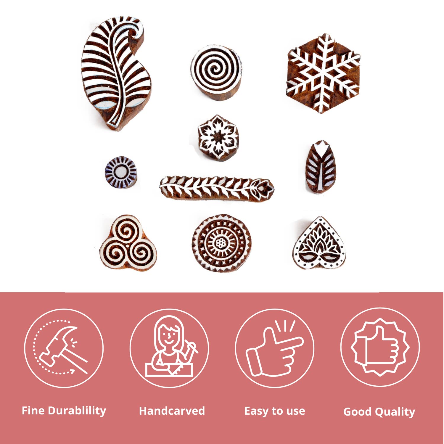 Wooden Pottery Printing Blocks - Pack of 10 Handcrafted Clay & Textile Stamps for DIY Crafts, Saree Borders, Ceramics & Tattoo Designs - Perfect for Pottery Making, Fabric Printing & Art Projects - HASHCART®