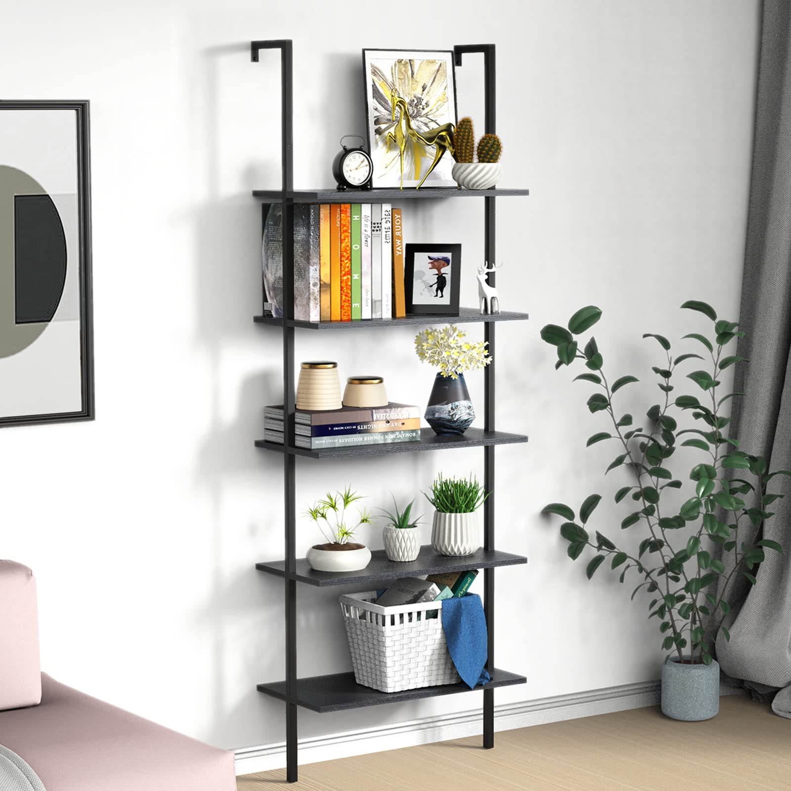 5-Tier Industrial Ladder Shelf - Metal Frame & Wood Board Bookcase - Wall Mounted Open Shelf Organizer for Home Office, Bedroom & Living Room - Black Walnut - Perfect for Small Space Storage & Stylish Home Decor