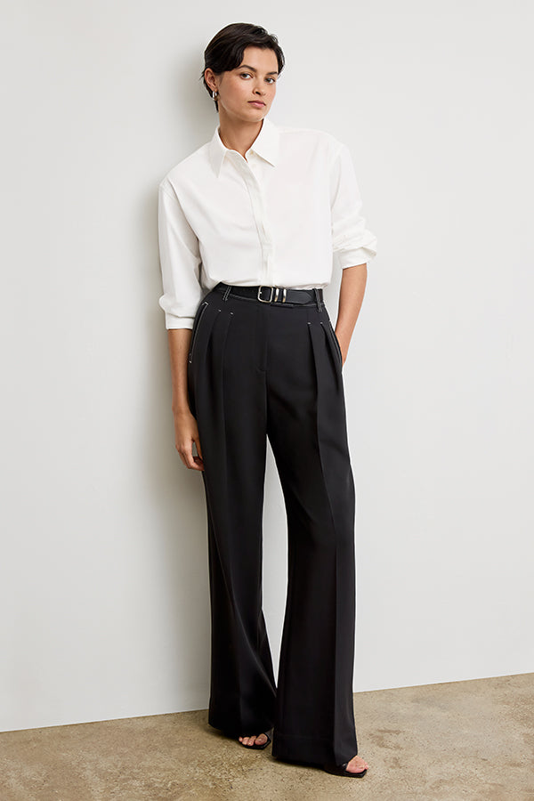 Bia Pleated Trousers for Women - High Waist Everyday Crepe Pants with Topstitch Detail - Comfortable Office Work Pants - Black - Perfect for Business Casual & Professional Wear