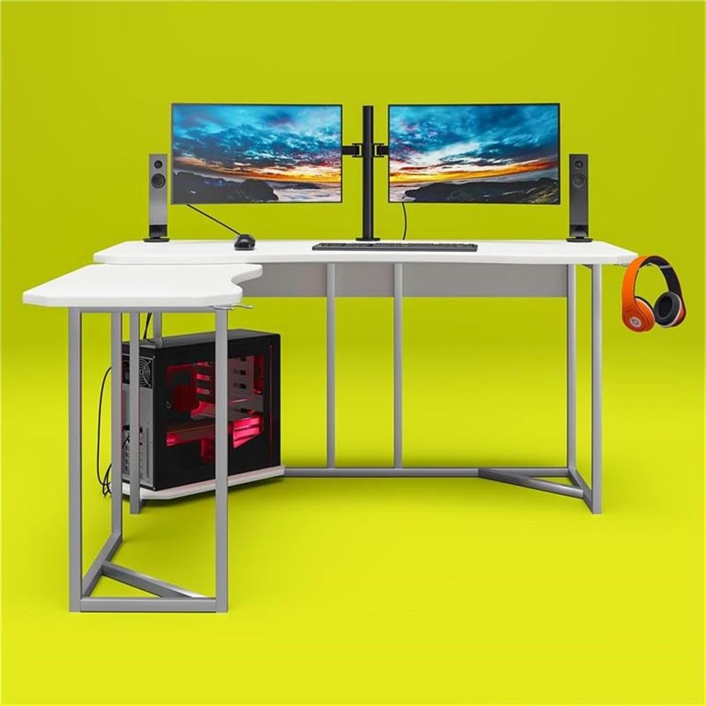 NTENSE Gaming L-Shaped Desk with CPU Stand - White Ergonomic Computer Workstation for Home Office & Gaming Setup