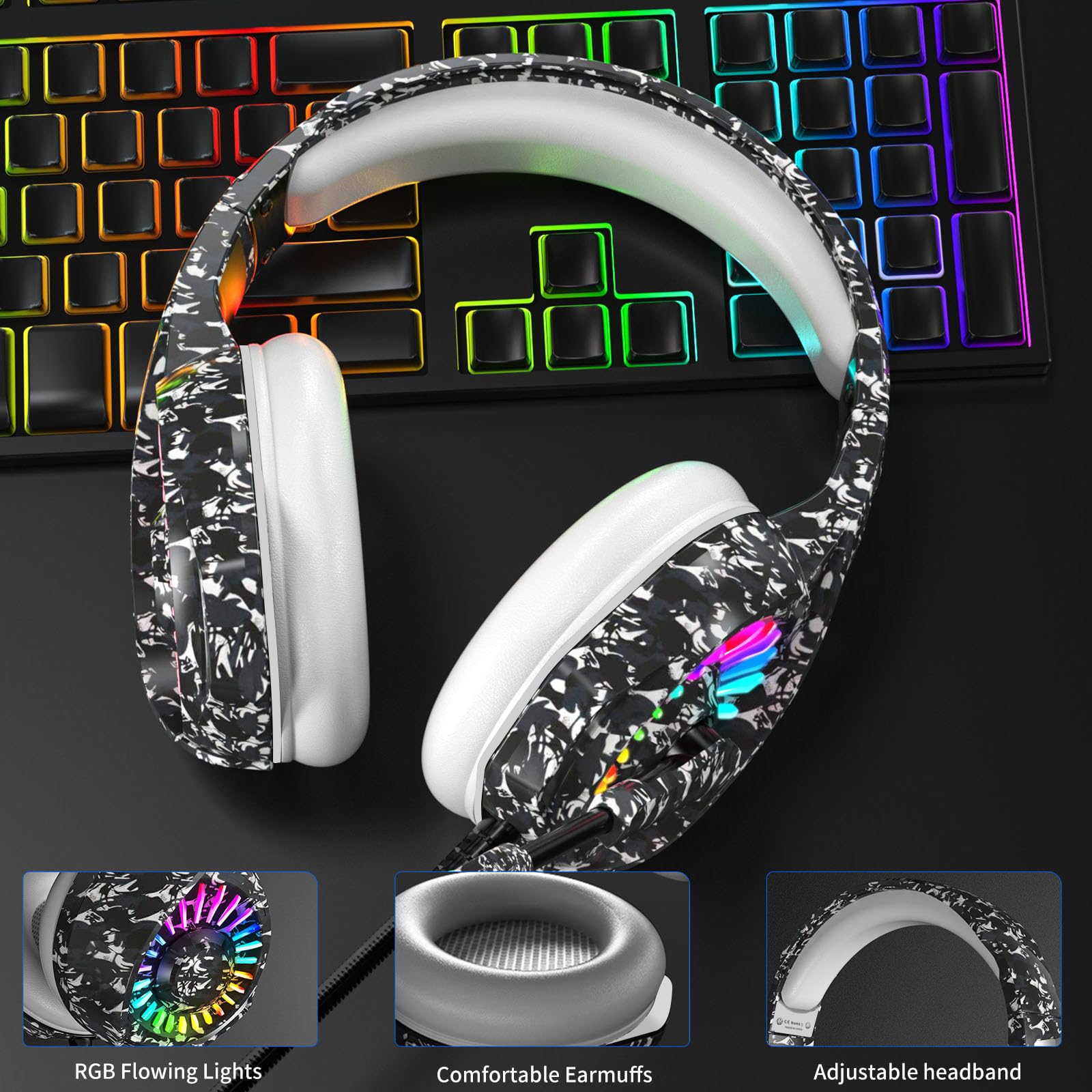 ZIUMIER Camo Gaming Headset with Microphone - Wired 3.5mm Headphones for PS4, PS5, Xbox One, PC, Laptop, Mac & Switch | Bass Surround Sound, LED Lights & Camouflage Design | Perfect for FPS Games, Streaming & Online Chatting