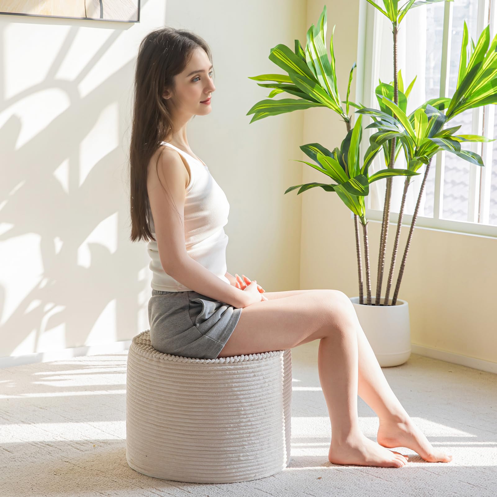 MAXYOYO Round Corduroy Footstool Ottoman - Soft Beige Pouf with High-Density Foam Filling for Living Room, Bedroom & Nursery - Versatile Seating, Footrest & Decorative Accent