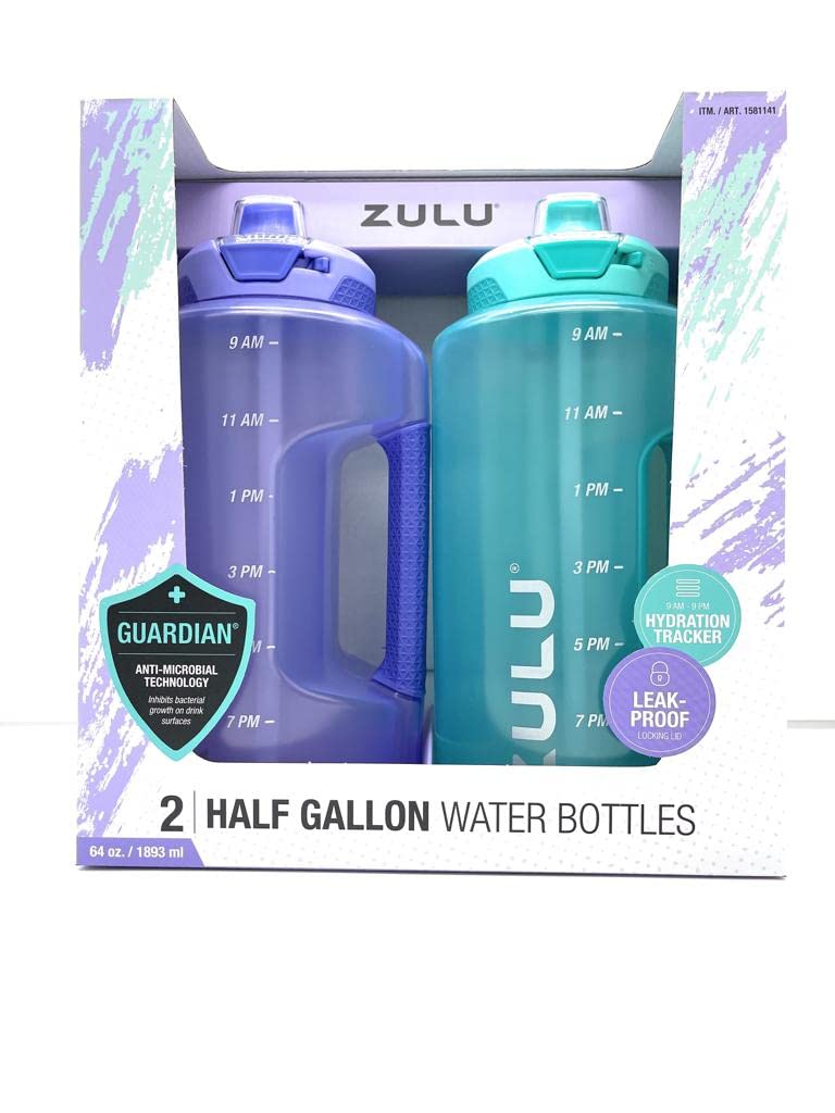 ZULU Half Gallon Water Bottle with Time Markers & Hydration Tracker - 64oz Leakproof BPA-Free Water Jug for Gym, Hiking & Work (2 Pack, Grape/Aquaviva) - Perfect for Fitness Enthusiasts & Outdoor Activities