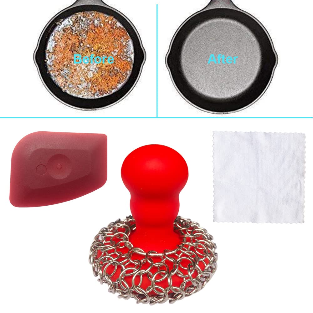 **316 Stainless Steel Chainmail Scrubber with Silicone Handle – Cast Iron Cleaner for Grill Pans, Skillets, Woks & Bakeware – Ergonomic, Dishwasher Safe – Scrubber, Scraper & Towel Set (Red) – Perfect for Outdoor Grilling, Camping & Kitchen Cleaning**