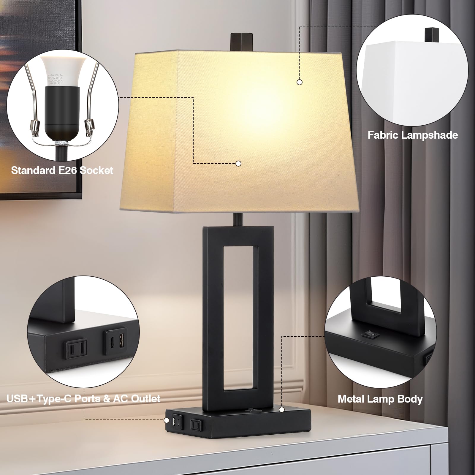 Cinkeda Modern Table Lamp Set of 2 - USB C & A Ports with AC Outlet, Black Nightstand Lamps for Bedroom, Living Room, Office - Perfect for Reading, Working & Ambient Lighting