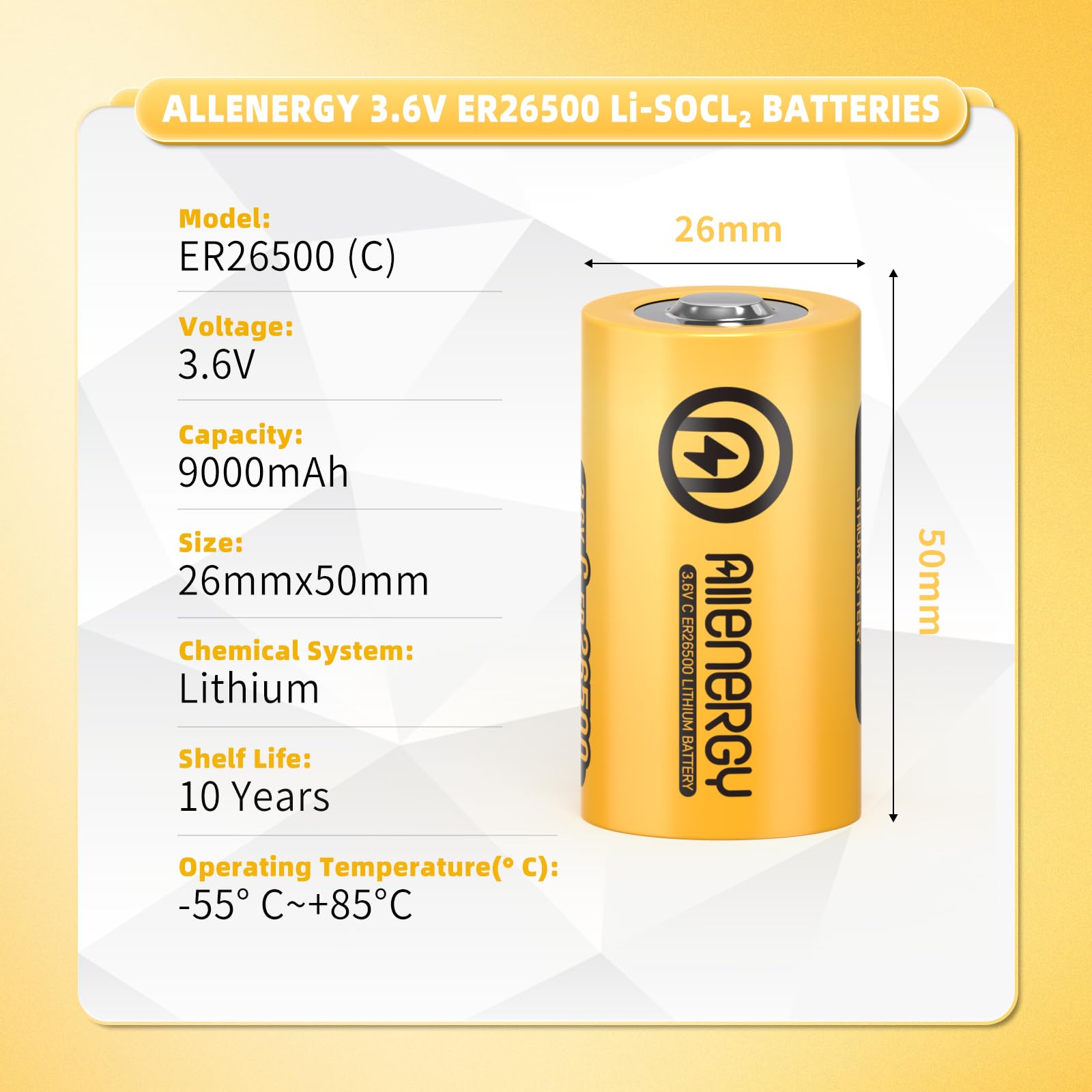 ER26500 Lithium C Batteries 9000mAh 3.6V - 2 Pack Non-Rechargeable Li-SOCl2 Batteries for Car Tire Pressure Monitors, Smart Cards & IoT Devices | Long-Lasting Power Solution