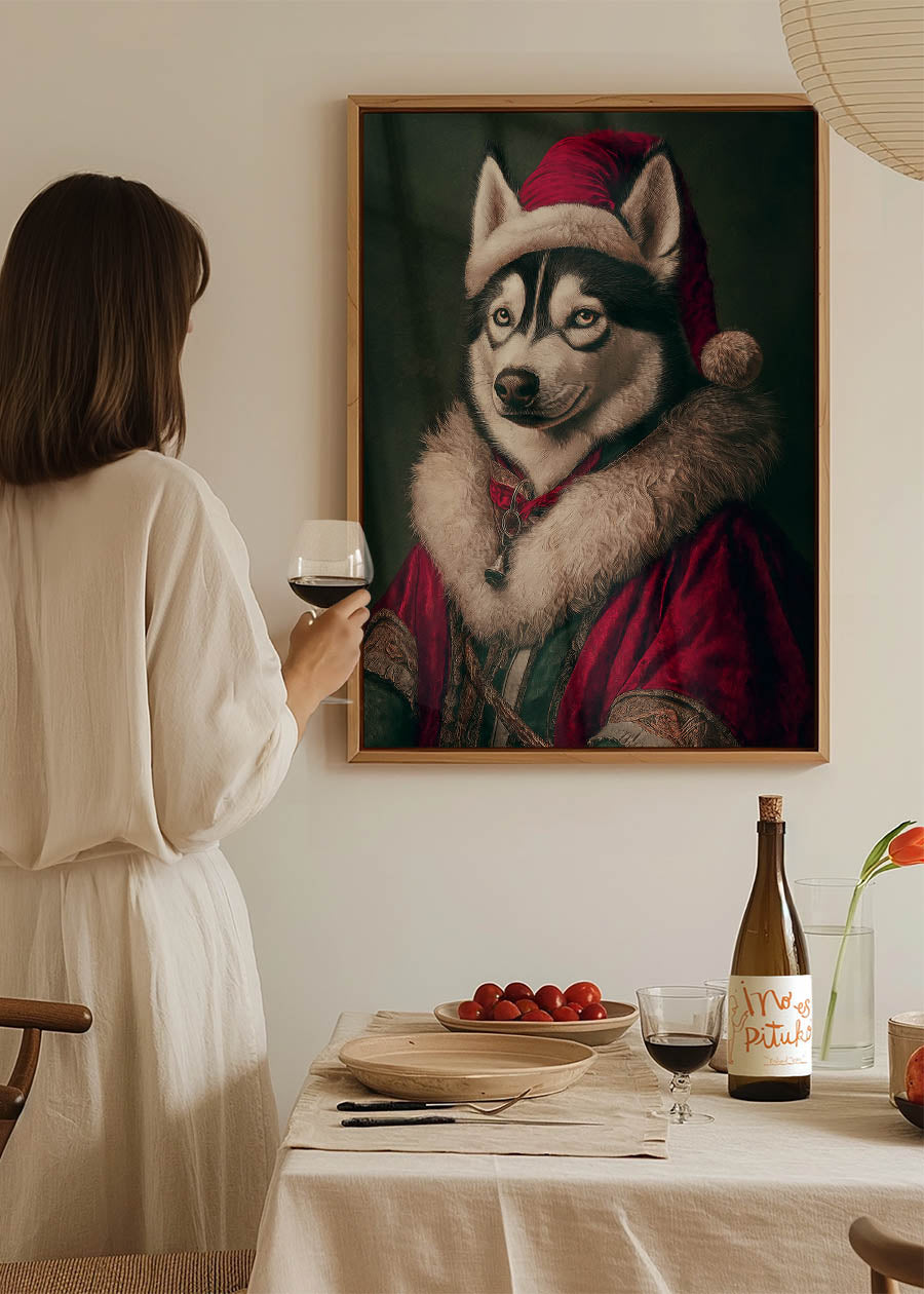 Christmas Husky Animal Portrait Print - Festive Holiday Dog Wall Art Decor for Living Room, Bedroom & Office
