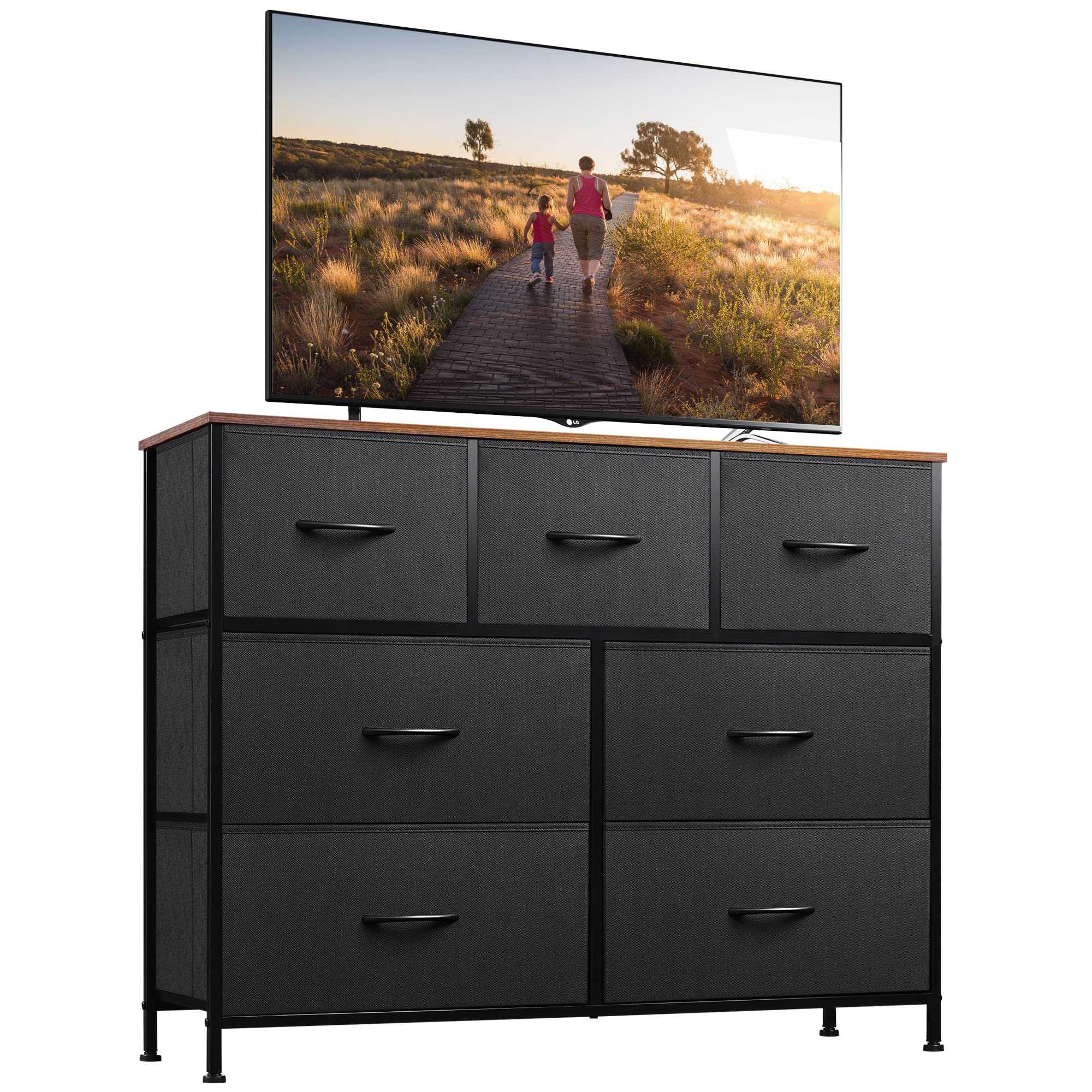 WLIVE 45 Inch TV Stand Dresser with Fabric Drawers - Rustic Brown & Black Media Console for Bedroom, Living Room, Hallway | Perfect Entertainment Center for Small Spaces & Apartment Living