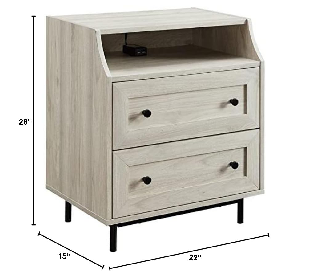 Walker Edison Florence 22 Inch 2-Drawer Open Top Nightstand with USB Charging Port - Modern Birch Wood Bedside Table for Bedroom, Living Room & Office Use