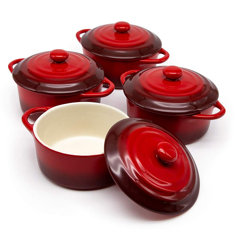 Kook Ceramic Mini Cocotte Set - 4-Piece 12oz Small Casserole Dishes with Lids | Oven, Microwave & Dishwasher Safe Stoneware Ramekins | Perfect for Individual Baking, French Onion Soup & Dessert Serving | Crimson Ombre Color