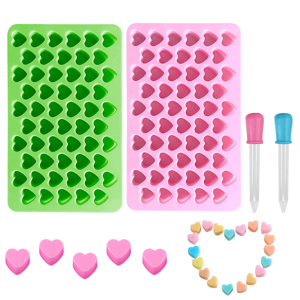 Premium Silicone Heart-Shaped Molds - 55 Cavity Baking Molds for Chocolate, Candy, Ice Cubes & Gummy Treats | Valentine's Day Cake Decorations & Party Desserts (Pink/Green) - Perfect for Romantic Gifts, Wedding Favors, and DIY Sweet Creations
