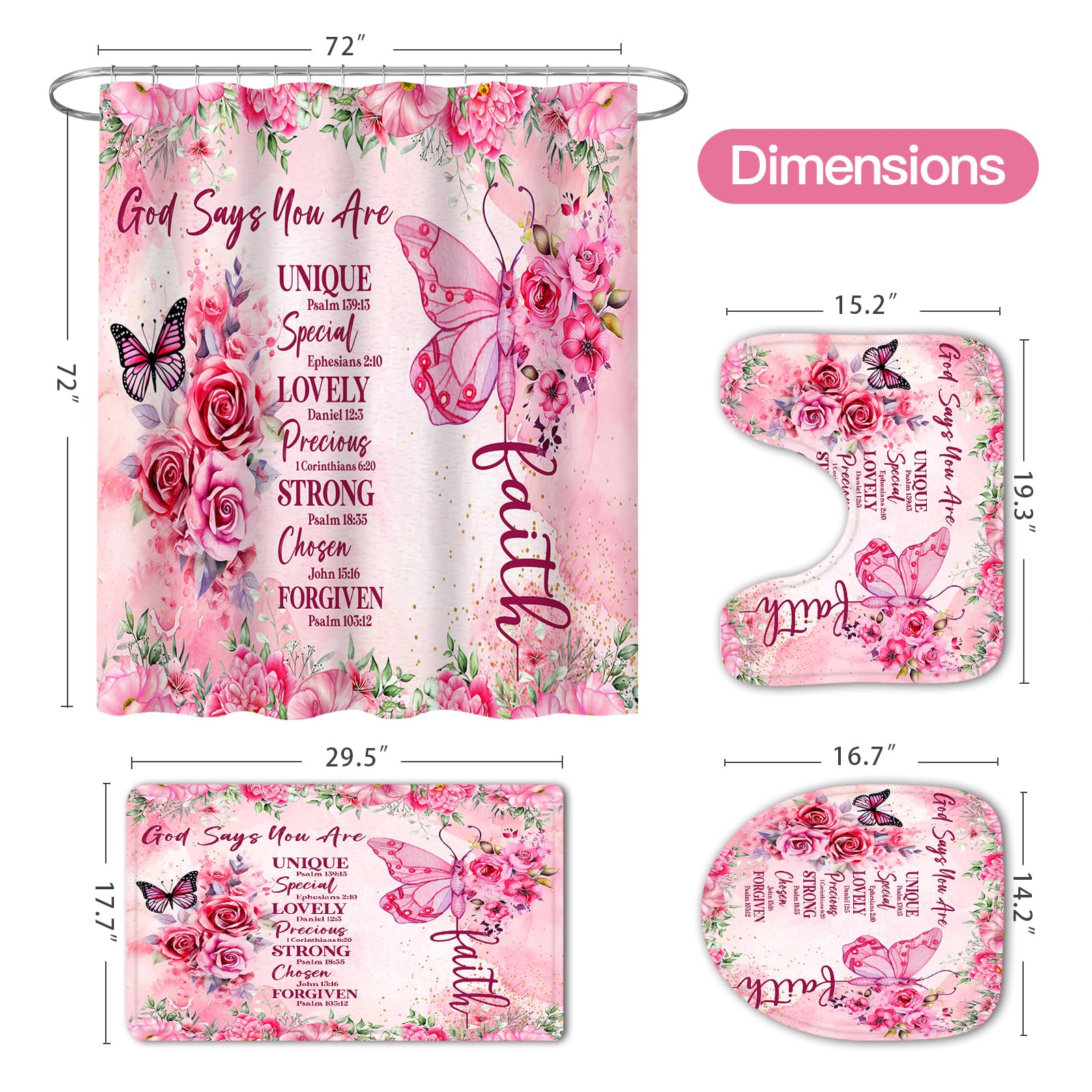 4 Pcs Pink Butterfly Inspirational Quotes Shower Curtain Set with Rugs & Toilet Cover - Waterproof Boho Bathroom Decor with Bible Verses & Floral Design - Perfect for Girls' Room, Guest Bathroom & Spa-Style Retreats
