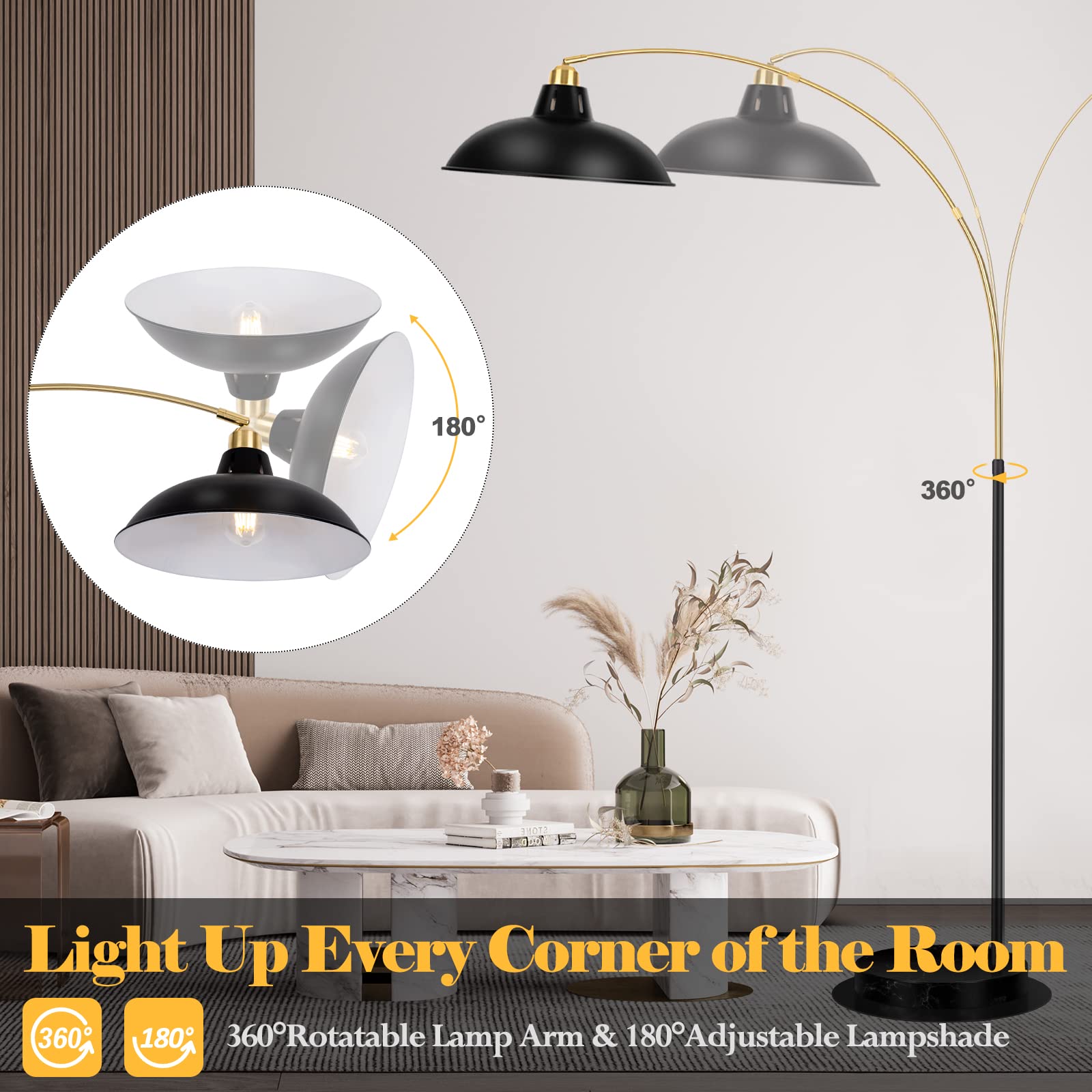 360° Rotatable Industrial Arc Floor Lamp with Marble Base - Black Gold Standing Lamp for Living Room, Bedroom, Office | Reading Light for Couch, Sofa & Desk | Modern Tall Metal Lamp for Home Decor