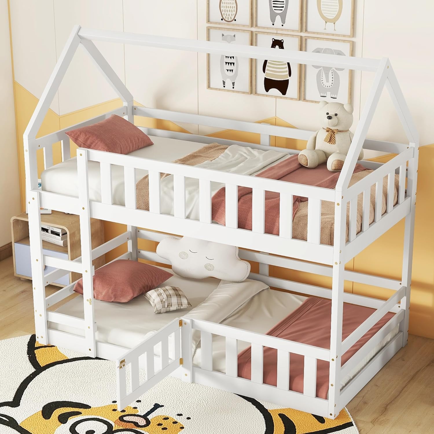 **MERITLINE Wooden Twin Over Twin Bunk Bed with Fence, Door & Roof - Kids Loft Bed for Girls & Boys - Easy Assembly, White - Perfect for Small Bedrooms & Shared Spaces**