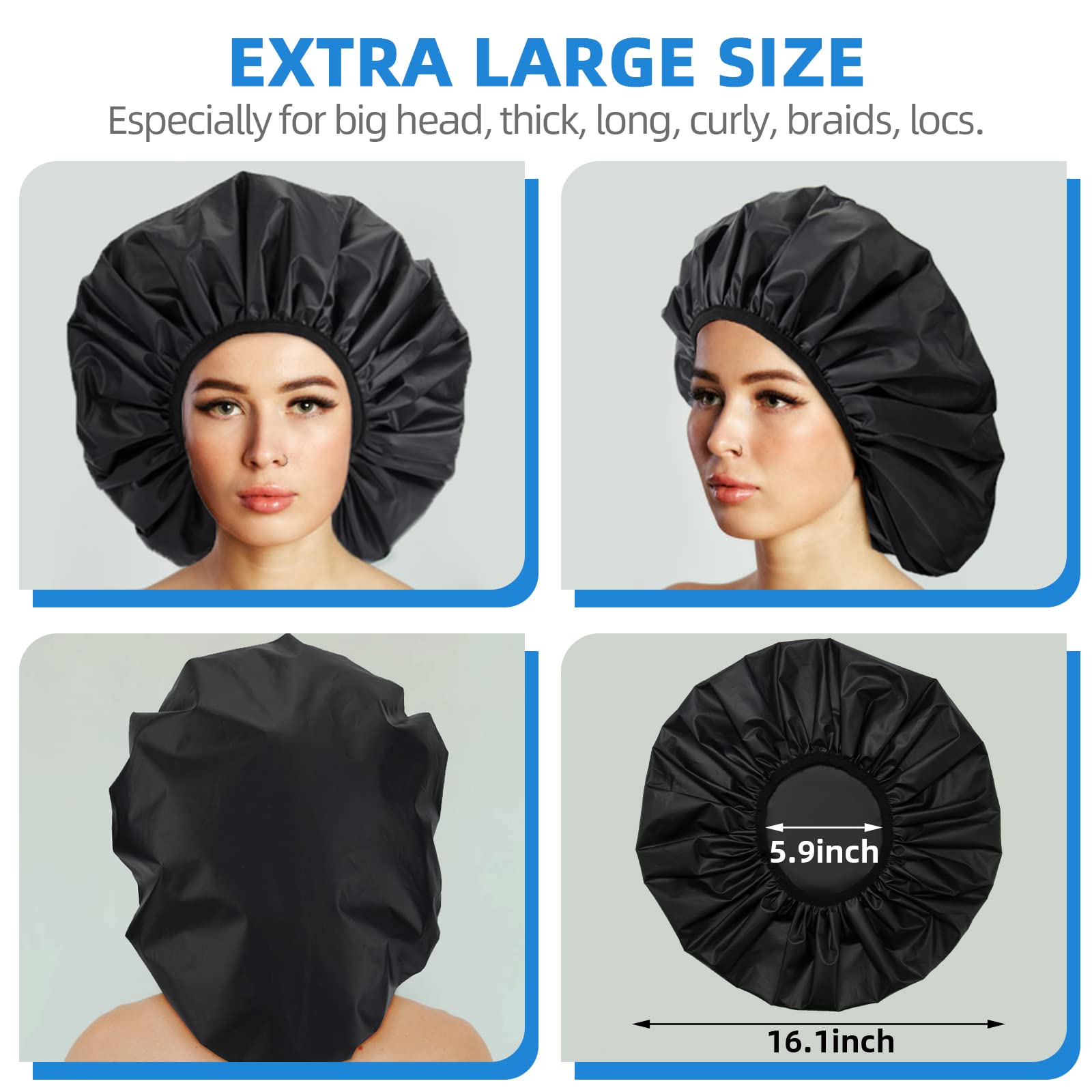 Extra Large Waterproof Shower Cap for Women & Men - Reusable EVA Plastic Bathing Hair Cover for Long Hair, Braids & Curly Styles (XL, Black) | Perfect for Showering, Spa, Swimming & Hair Treatments