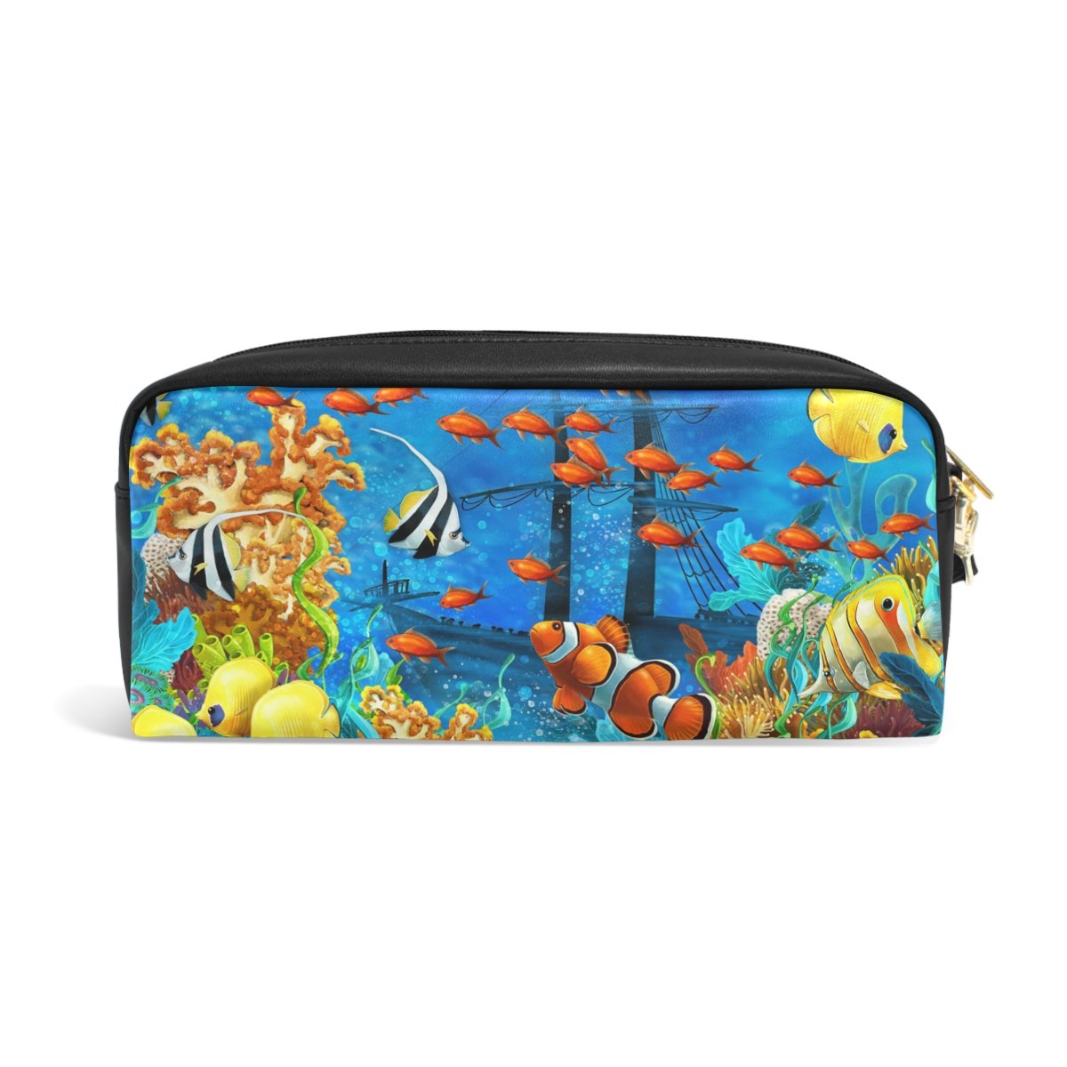 ZZKKO Waterproof Leather Zipper Pencil Case - Multi-Use Stationery Organizer, Makeup Bag & Travel Pouch for School, Office & Daily Essentials | Durable Underwater World Design