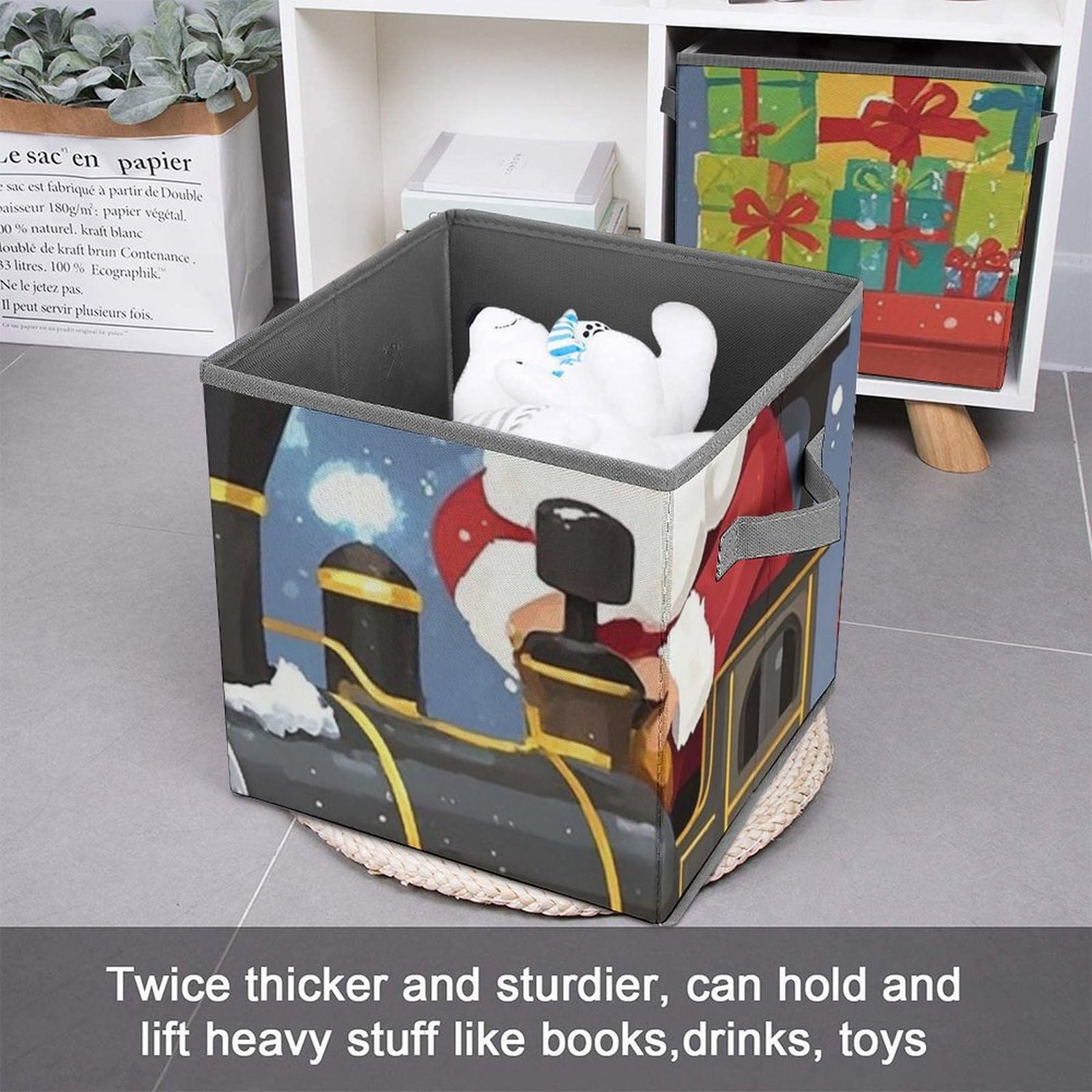 10.6 Inch Collapsible Storage Bins with Handles - Foldable Fabric Organizer Bins for Closet, Shelves, Office & Toys - Perfect for Home Organization, Kids Room Storage & Holiday Decor (Santa's Train Design)