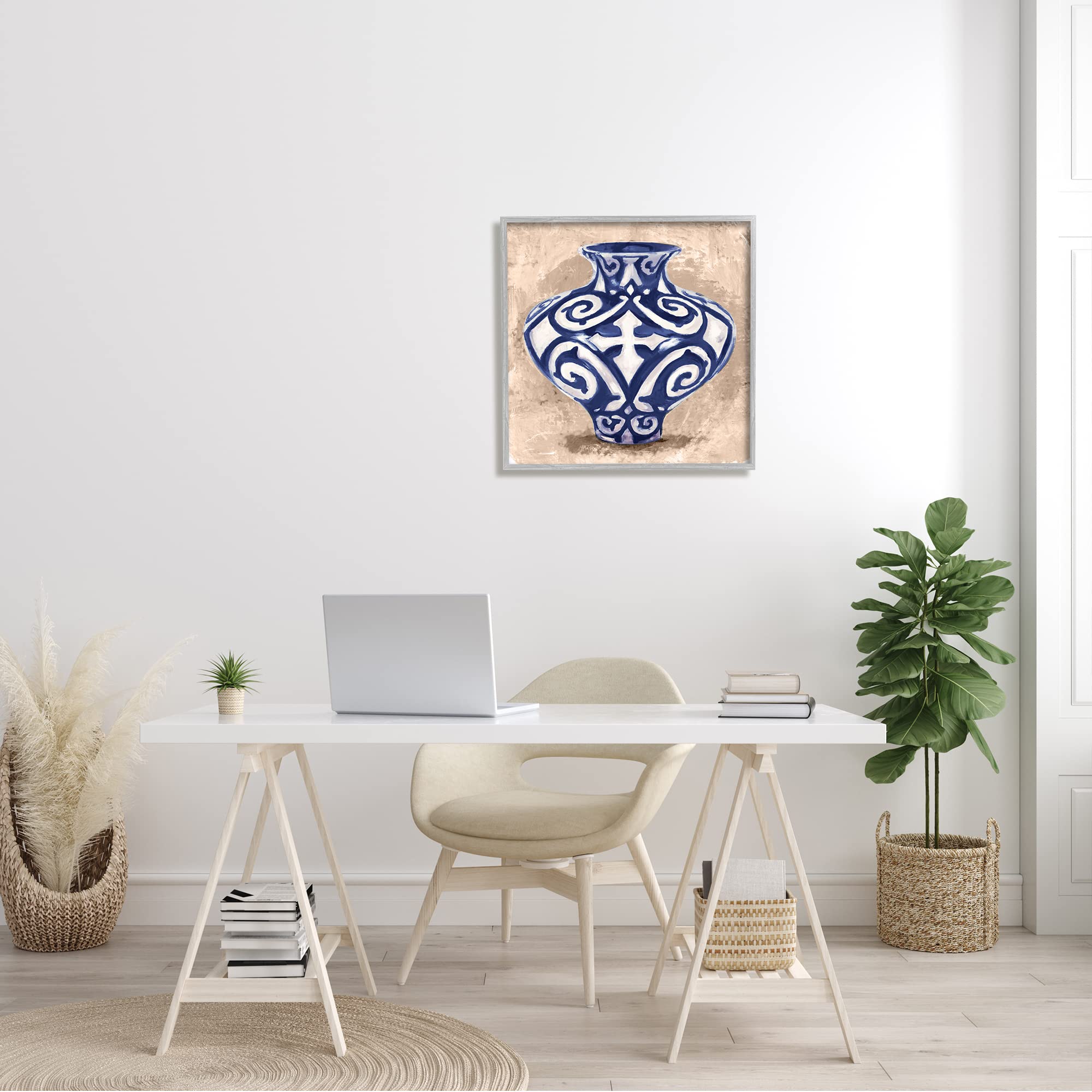 Stupell Industries Modern Ceramic Vase Still Life Wall Art - Distressed Brown Pattern, Grey Framed, 24x24 Inches, Blue - Perfect for Living Room, Bedroom & Office Decor