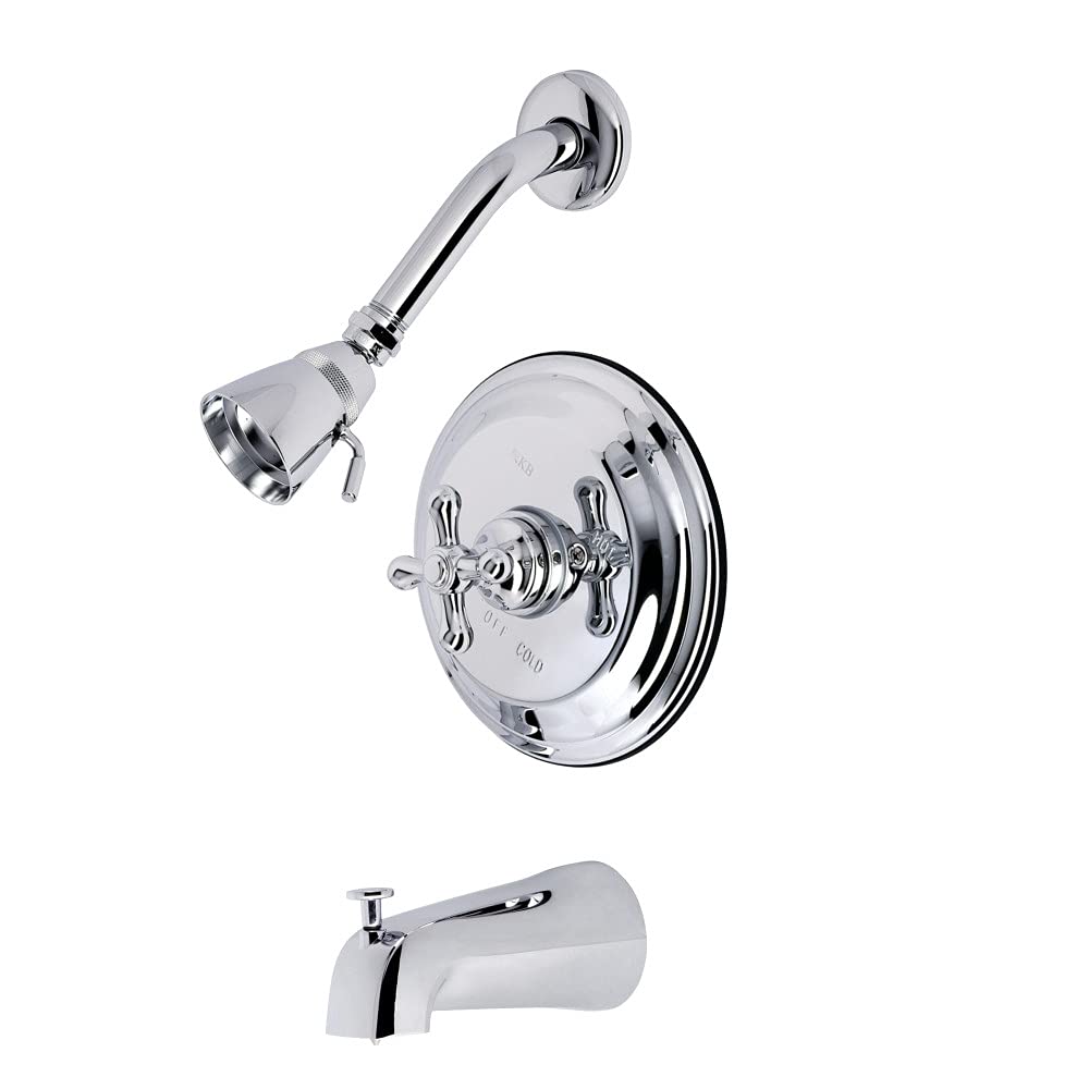 Kingston Brass KB3631AX Polished Chrome Tub and Shower Faucet with Metal Cross Handle - Vintage Style Bathroom Fixture for Home Renovation & Restoration Projects