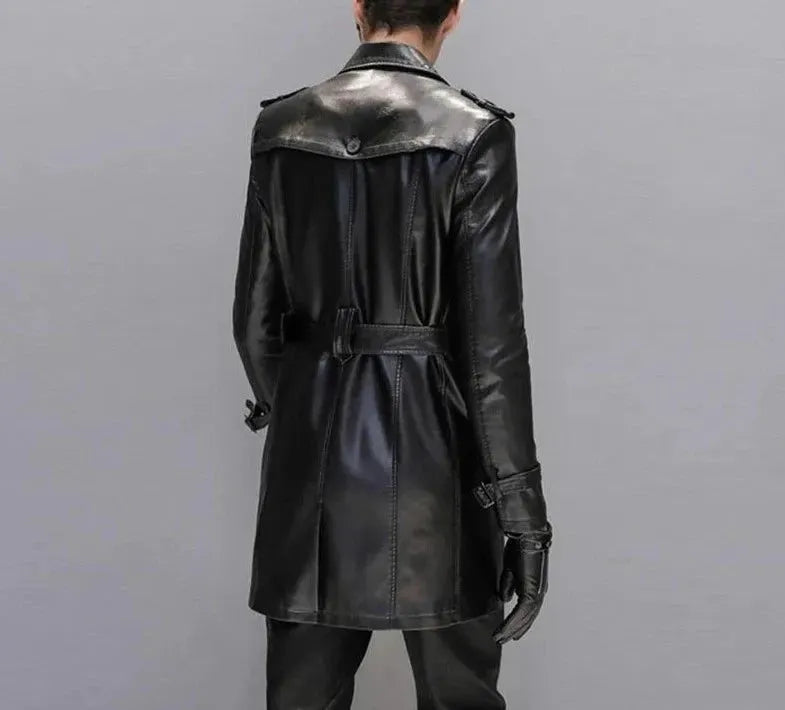 Premium Men's Genuine Leather Trench Coat - Classic Long Waterproof Windbreaker for Business, Dating & Outdoor Activities