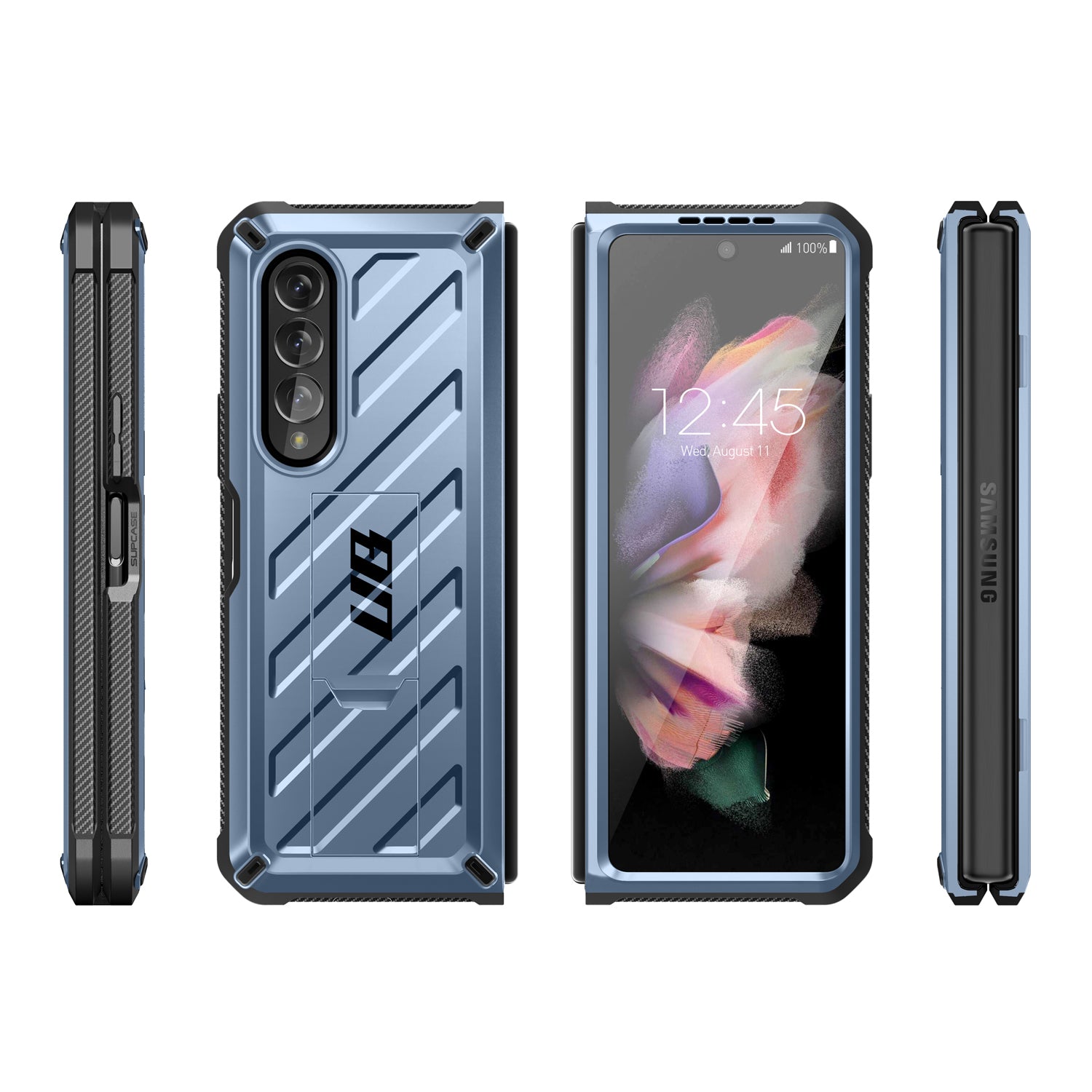 Samsung Galaxy Z Fold 3 Unicorn Beetle Pro Kickstand Case with Built-in Screen Protector - Metallic Blue | Shockproof Protective Cover for Work, Travel & Everyday Use