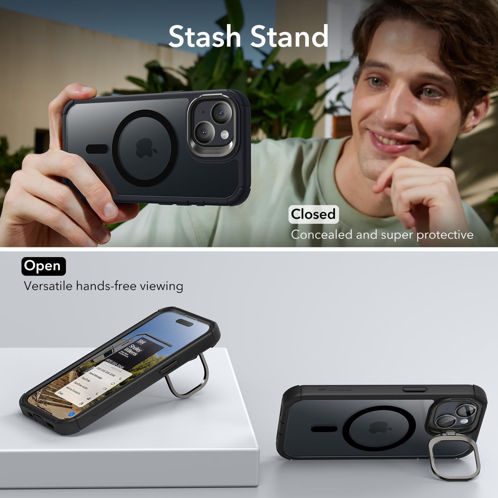 ESR for iPhone 15 Plus Case - Military-Grade Shockproof MagSafe Case with Stand | Clear Black Armor Series | Perfect for Outdoor Adventures, Work & Travel Protection