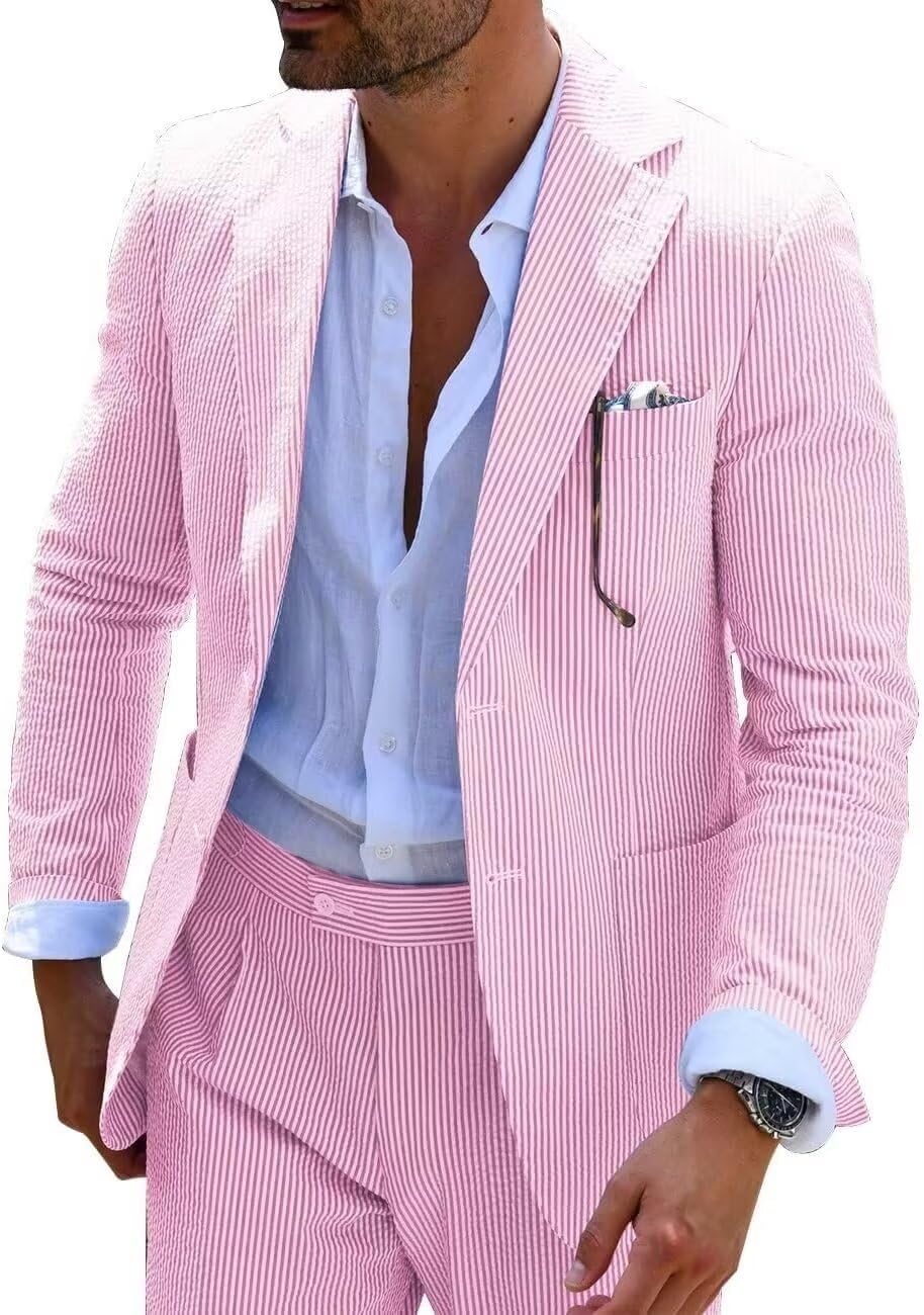 Men's Blue Seersucker Summer Suit - Slim Fit Formal Wedding Groom Suit | Lightweight Breathable Fabric for Outdoor Weddings, Beach Parties & Summer Events