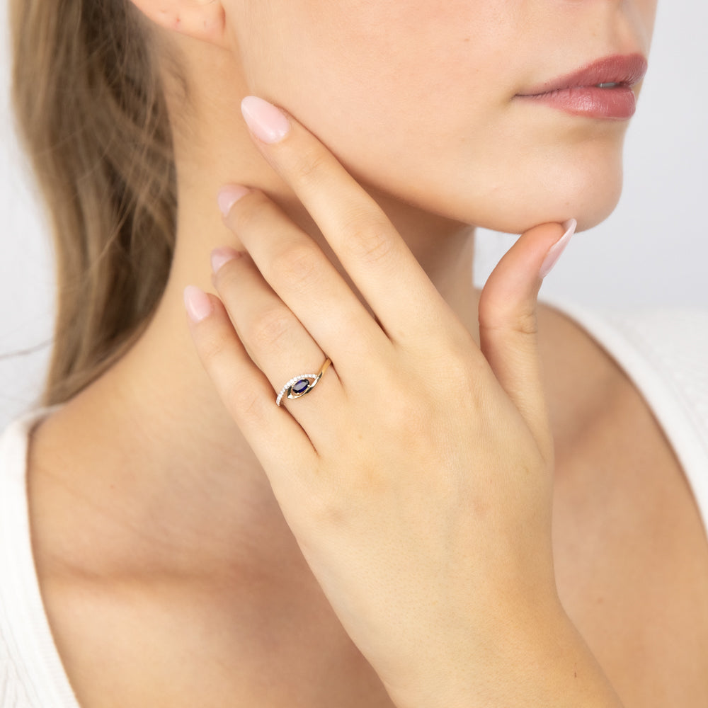 9ct Yellow Gold 0.27ct Created Sapphire & 16 Cubic Zirconia Ring for Women - Elegant Birthstone Jewelry Gift for Anniversary, Engagement or Special Occasions