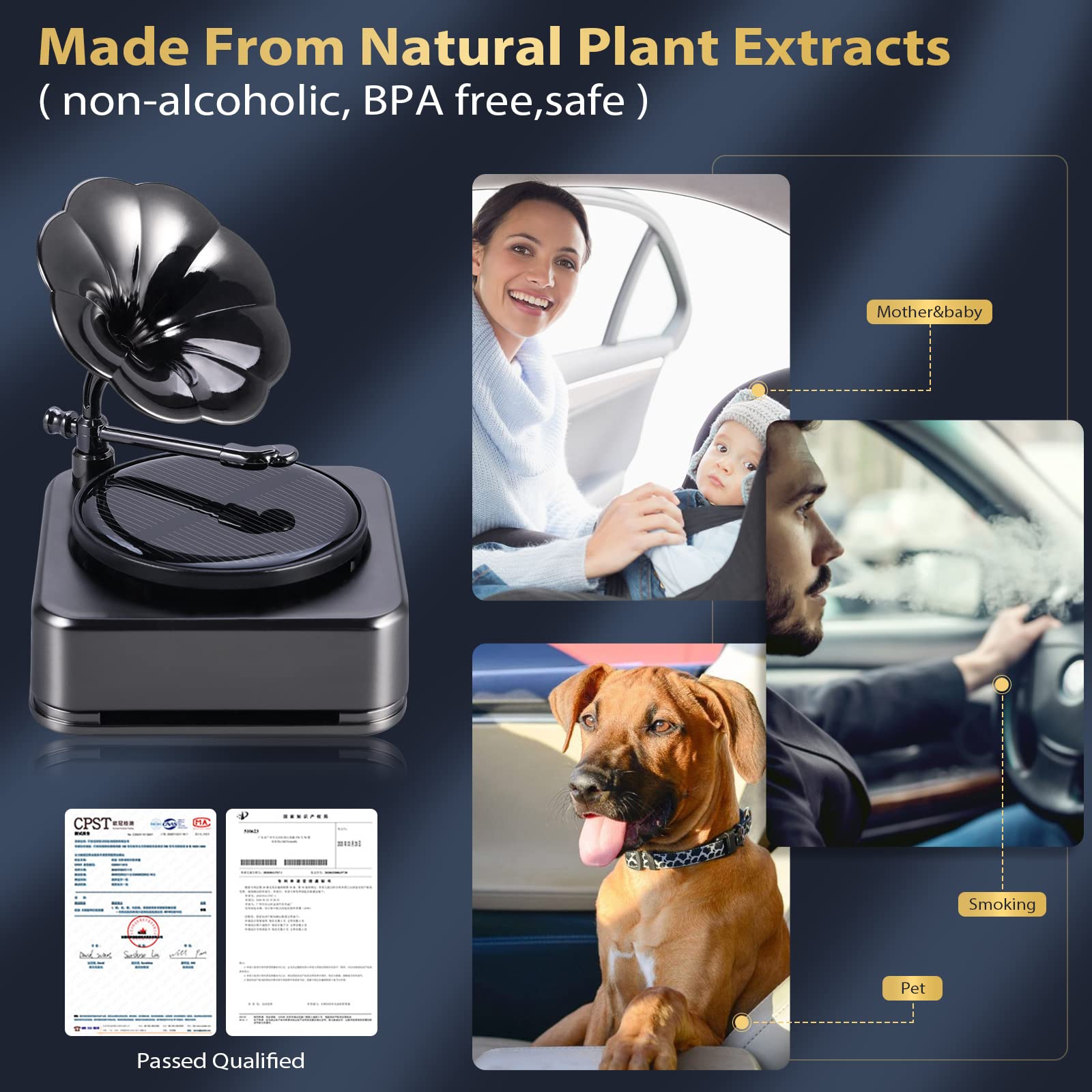 Solar Powered Rotating Car Air Freshener & Essential Oil Diffuser - 3 Natural Long-Lasting Fragrances, Aromatherapy Car Interior Decor Accessory for Men & Women (Black) | Perfect for Daily Commute, Road Trips & Office Use