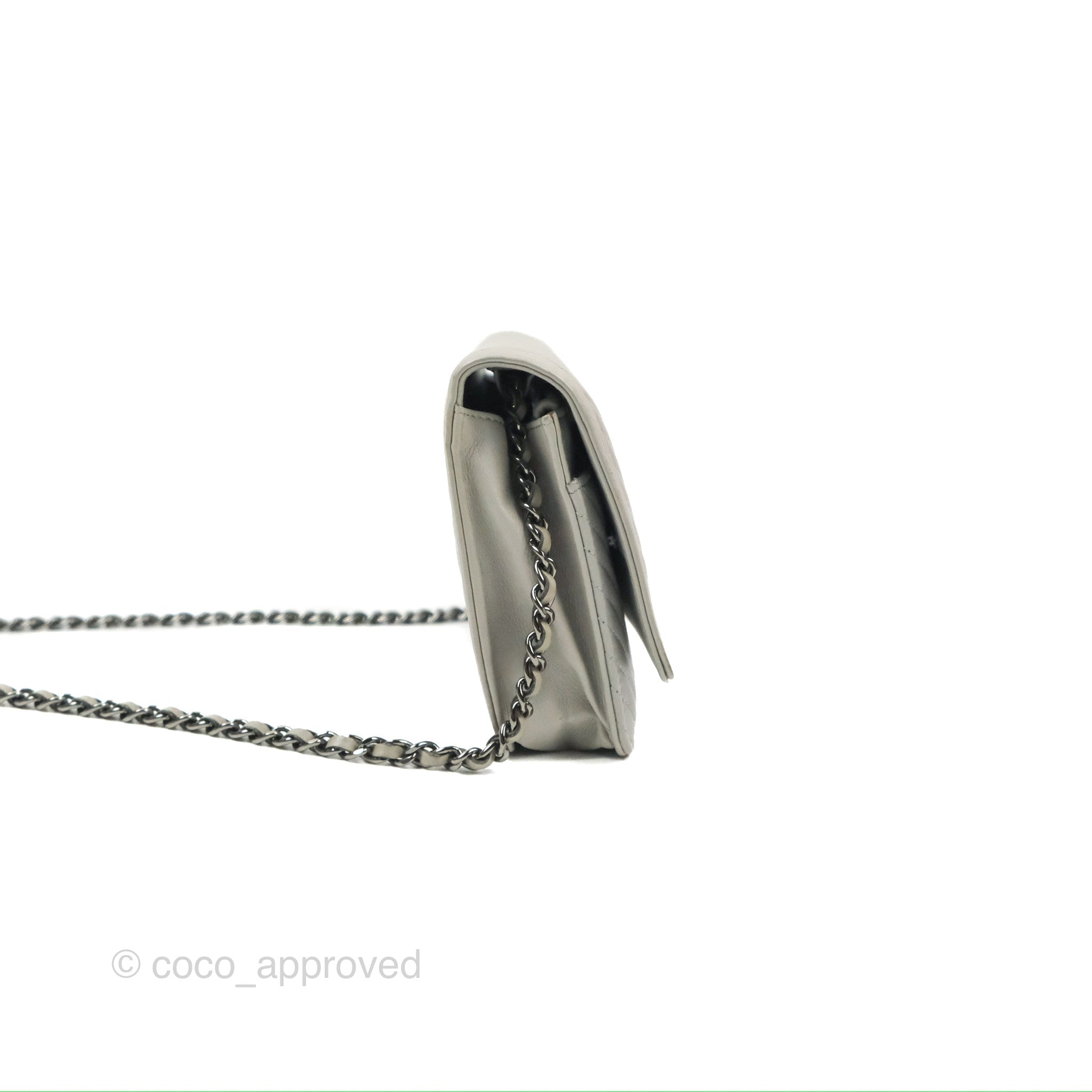 Chanel Chevron Boy Wallet on Chain WOC in Grey Lambskin with Gun Metal Hardware - Luxury Crossbody Bag for Women, Perfect for Evening Events & Daily Use