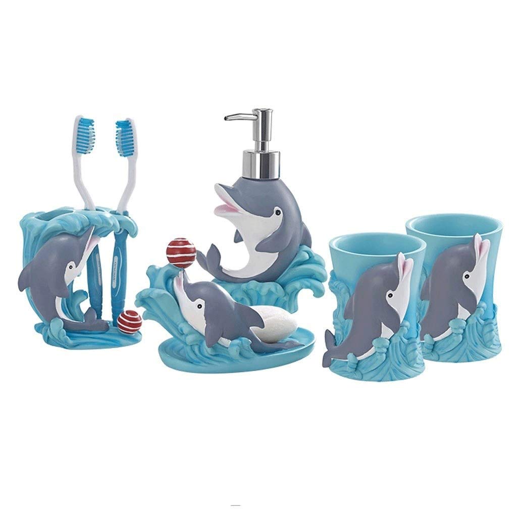 **Cute Dolphin Soap Dispenser Set - 5-Piece Bathroom Accessories (Soap Pump, Toothbrush Holder, Tumbler, Soap Dish) - Resin Decor for Coastal & Nautical Bathroom Theme**    *(Use Case: Perfect for beach-themed bathrooms, guest suites, or kids' washrooms – adds a playful ocean touch!)*