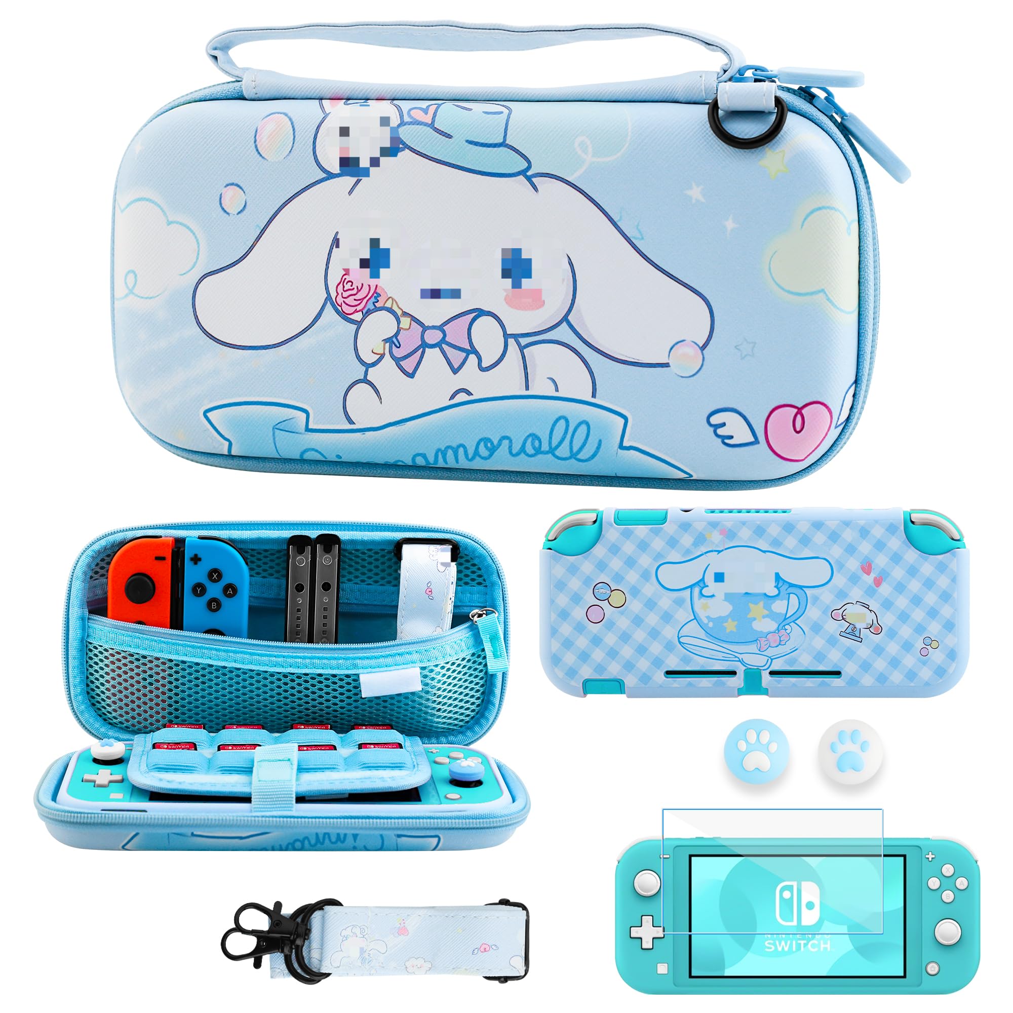Cute Cartoon Dog Carrying Case for Nintendo Switch Lite - Travel Bag with TPU Plaid Protective Skin, Screen Protector, Shoulder Strap & Thumb Grips - Perfect Accessories for Boys & Girls - Ideal for Travel, Gaming Parties and On-the-Go Protection