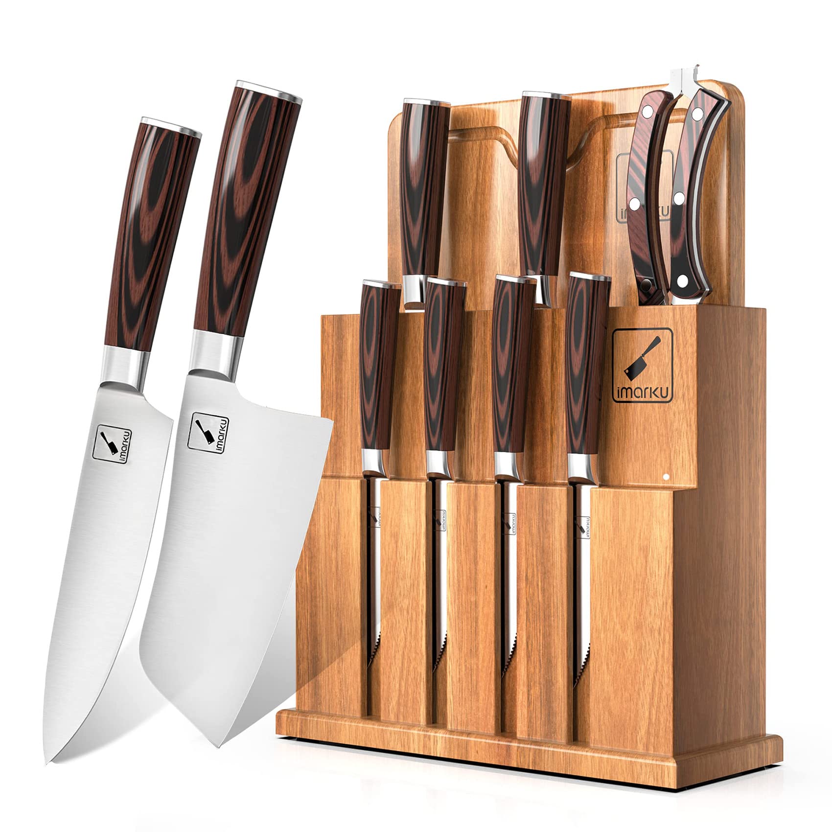 IMARKU 11-Piece Professional Japanese Kitchen Knife Set with Wooden Block - Stainless Steel Chef Knives, Cutting Board & Knife Sharpener Included - Perfect Gift for Home Cooks & Culinary Enthusiasts (Great for Sushi Making, Meat Cutting & Vegetable Prep)