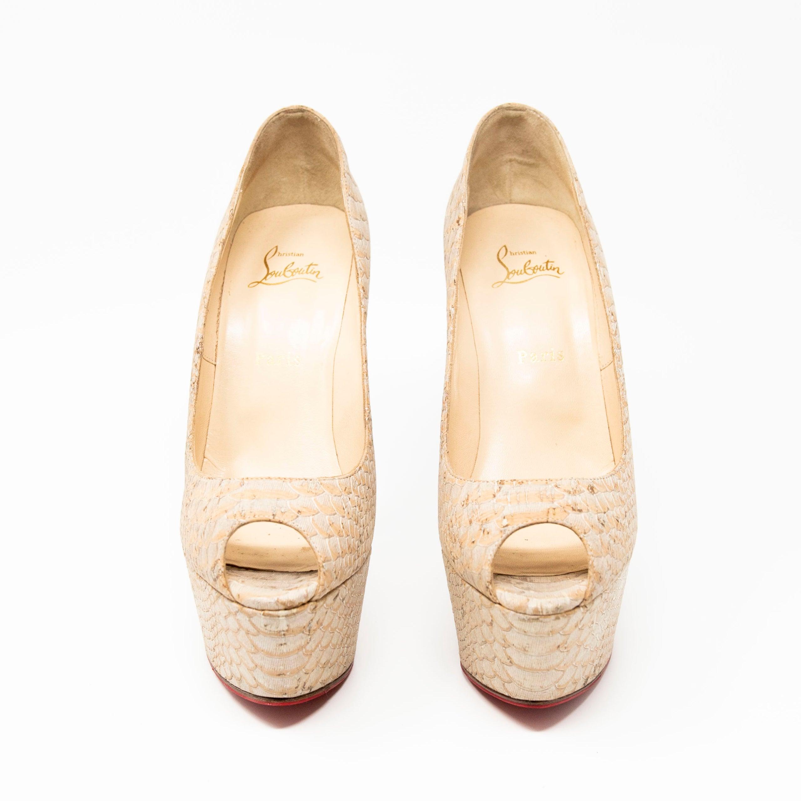 Christian Louboutin Beige Snake Print Lady Peep Toe Pumps Size 40.5 - Elegant High Heels for Women, Perfect for Parties, Weddings & Evening Events