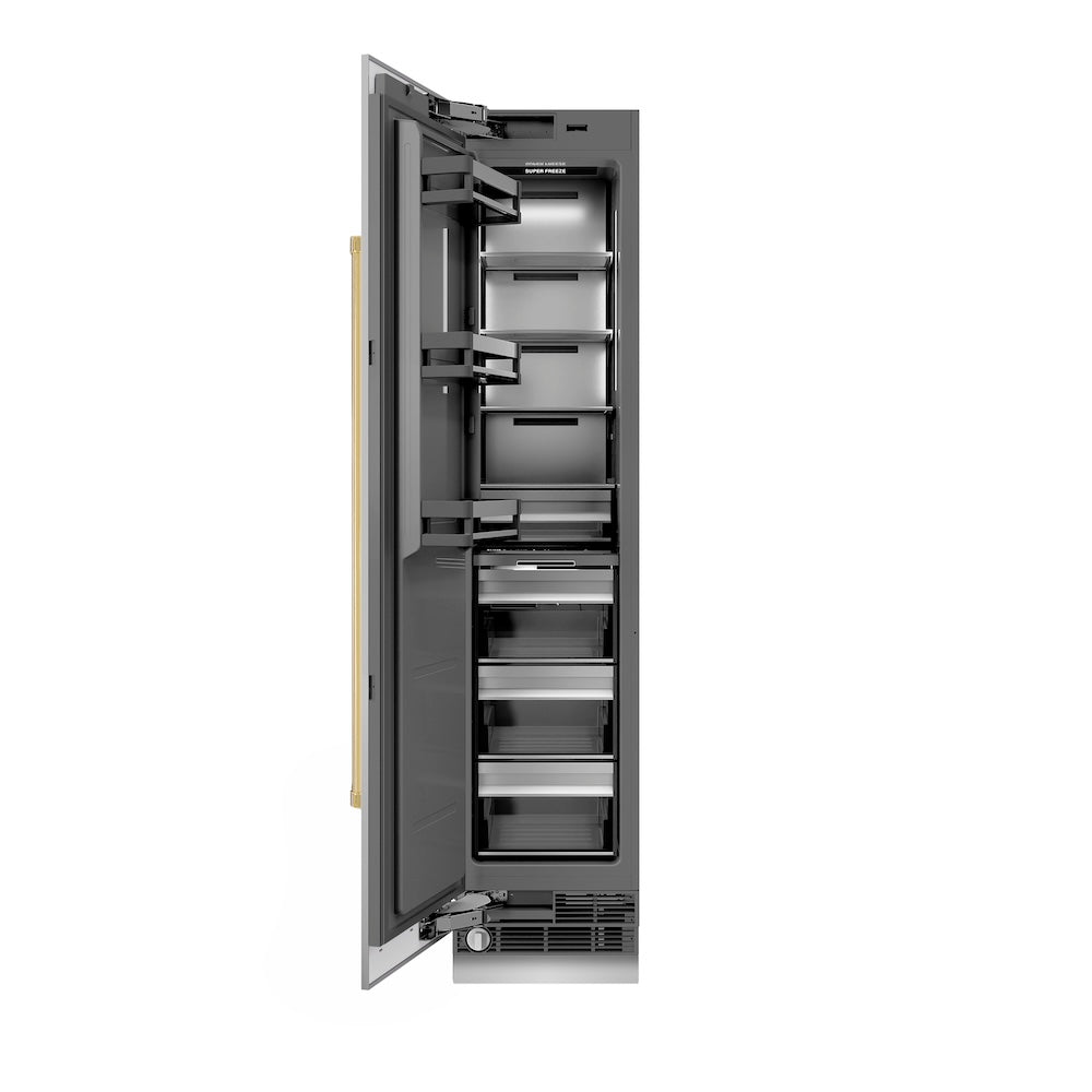 ZLINE Autograph Edition 18 Inch 8.6 cu ft Left Hinge Column Freezer - Stainless Steel with Graphite Gray Interior & Polished Gold Accents (RCFVLZ 30418 G) - Perfect for Home Kitchen, Basement, or Garage Storage