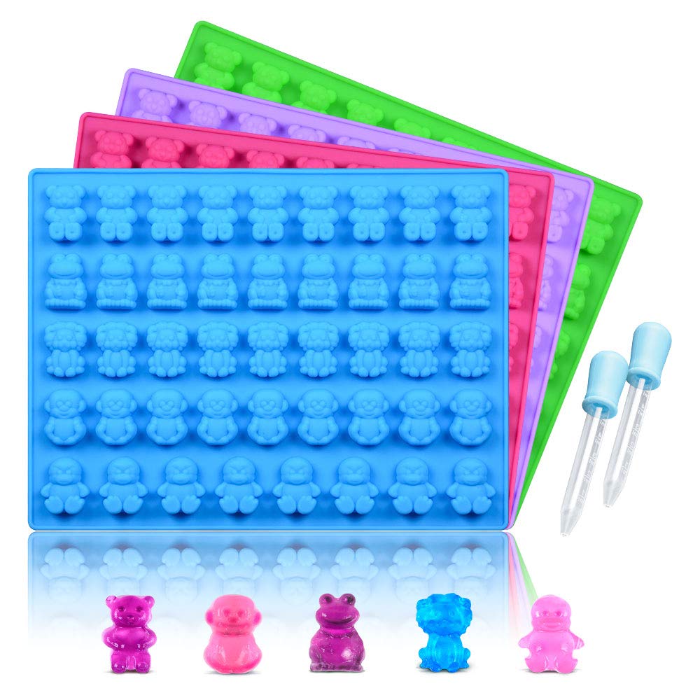 Premium Silicone Candy Molds for Gummy Bears, Chocolate - 4-Pack with 2 Droppers (Bears, Frogs, Lions, Monkeys, Penguins) - Perfect for DIY Candy Making, Baking, and Party Treats
