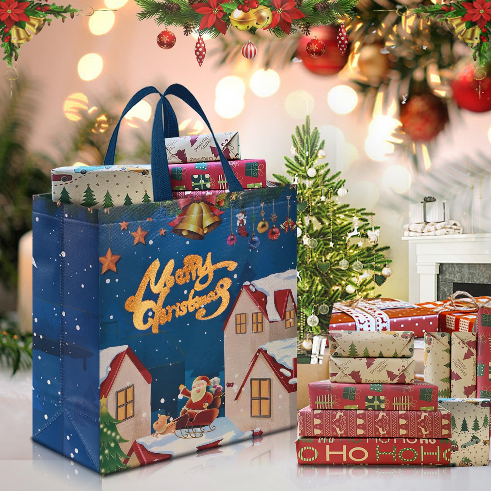 AhfuLife 6PCS Large Christmas Gift Bags with Handles - Xmas Party Decor & Shopping Bags for Holiday Gifting