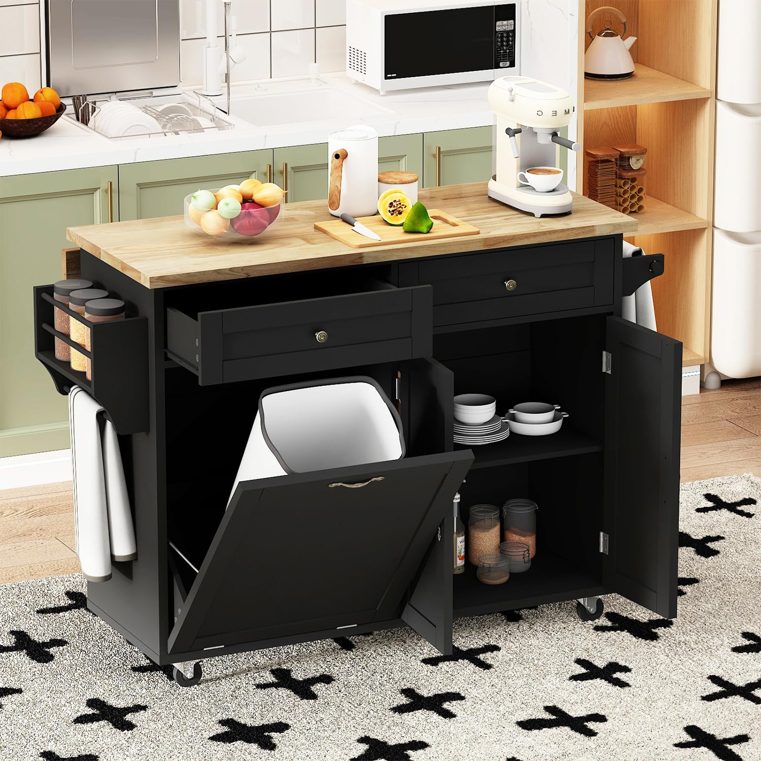 Large Kitchen Island with Drop Leaf & Wheels - 10 Gallon Rolling Trash Cabinet with 2 Drawers, Spice Rack & Towel Rack - Mobile Kitchen Cart for Dining Room & Home Cooking (Black) | Perfect for Small Kitchens, Food Prep & Extra Storage Space