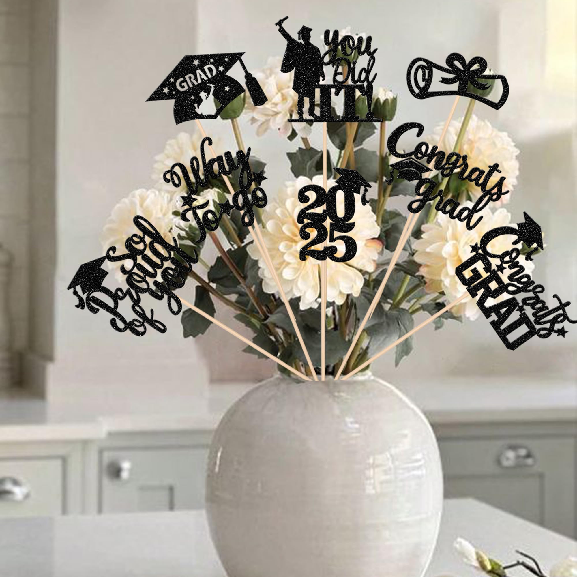 Rsstarxi 16 Pack Graduation Centerpieces 2025 - Double Sided Glitter Class of 2025 Table Toppers - So Proud of You Congrats Grad Decorations - Perfect for High School & College Graduation Parties, Ceremonies & Photo Backdrops (Black)