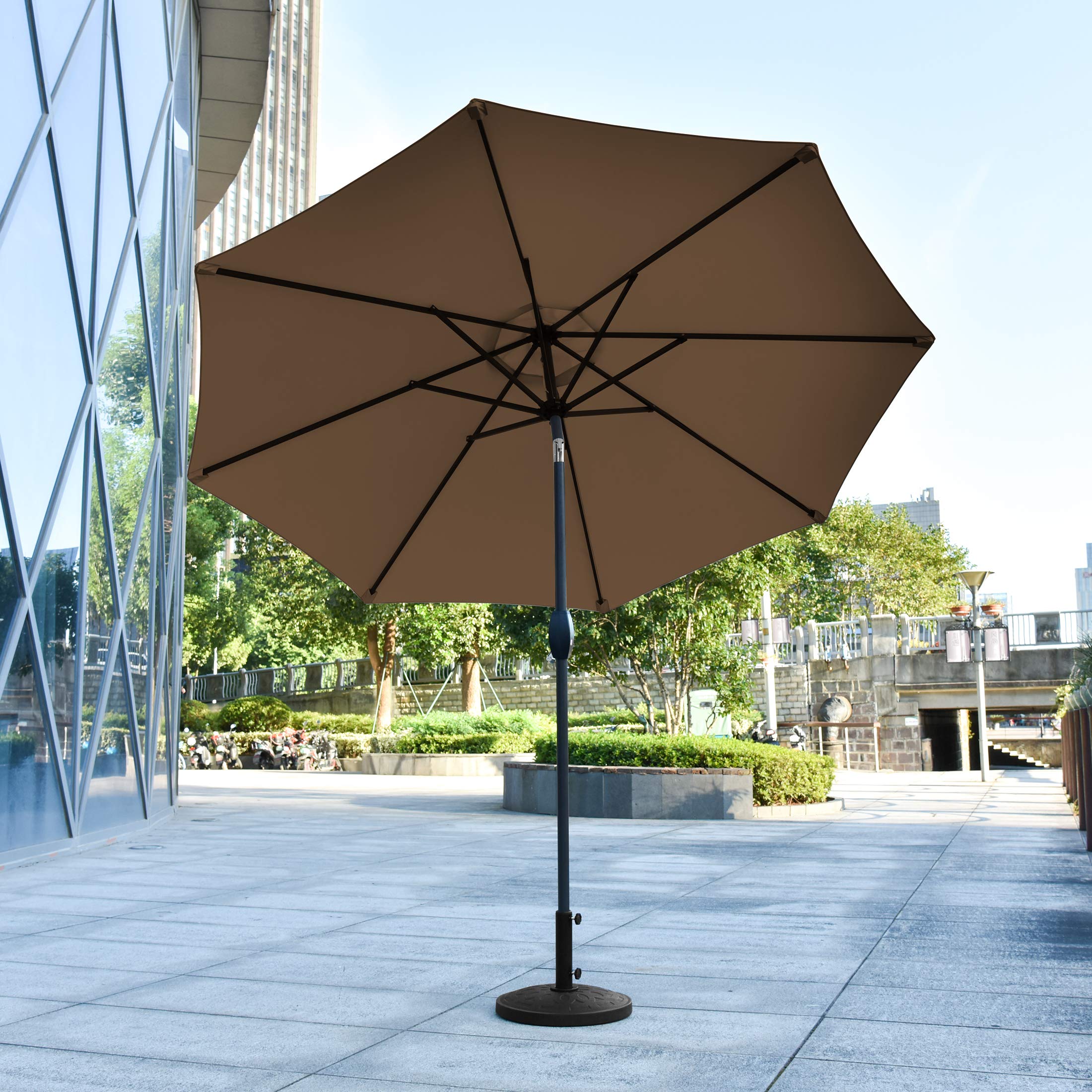 WO Home Furniture 9ft Outdoor Patio Umbrella with Heavy Duty Base - Round Sun Shade for Market Table, Backyard, Poolside & Garden Use
