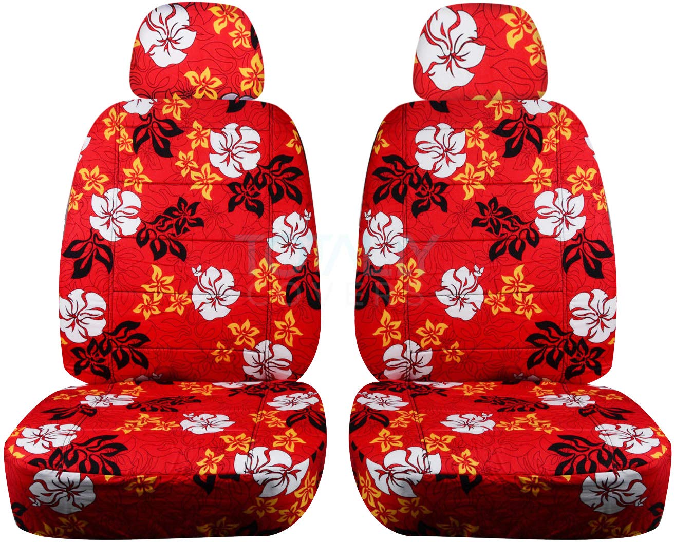 Hawaiian Print Car Seat Covers with 2 Headrest Covers - Red Floral Design, Semi-Custom Fit for Cars, Trucks, Vans, SUVs & RVs (6 Patterns) - Perfect for Beach Trips, Road Travel & Tropical-Themed Vehicle Decor