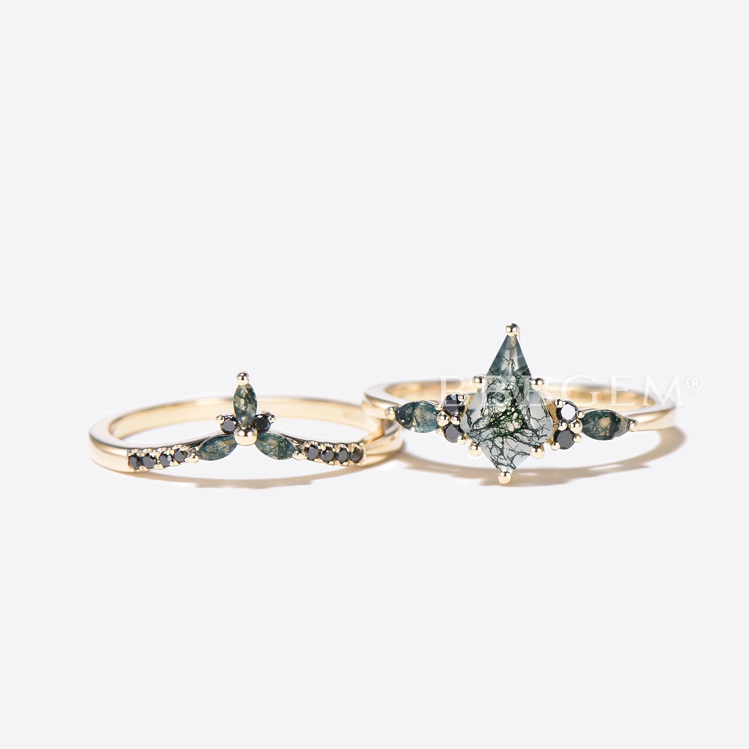 **Moss Agate Engagement Ring Set with Kite Cut Cluster & Black Spinel – Perfect for Weddings, Proposals, and Anniversary Gifts**